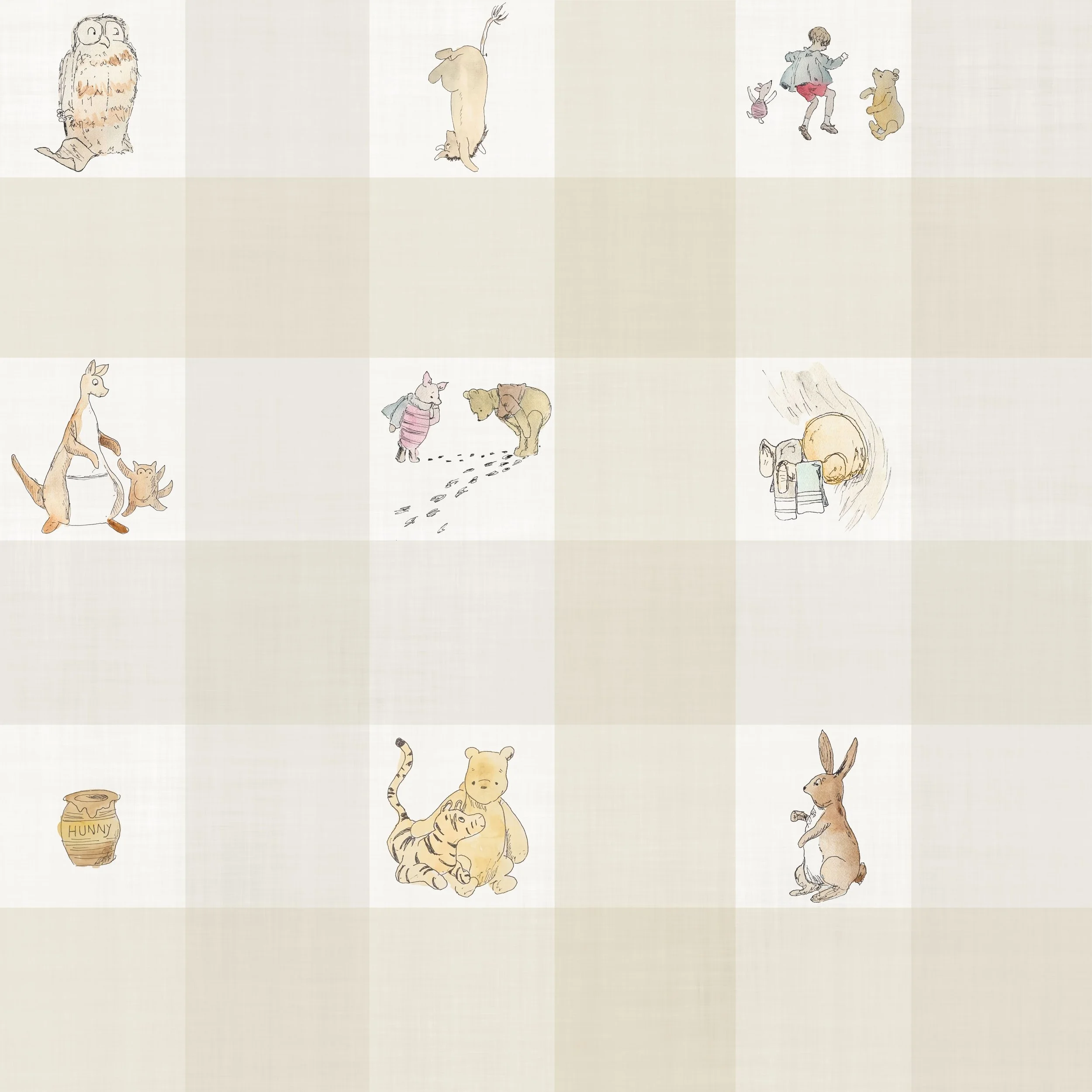 A grid of various animal and character illustrations, including an owl, a rat, a girl with a rabbit and bear, a kangaroo with a joey, a pig, a tiger cub with Winnie the Pooh, and a rabbit, all in a soft, pastel style.