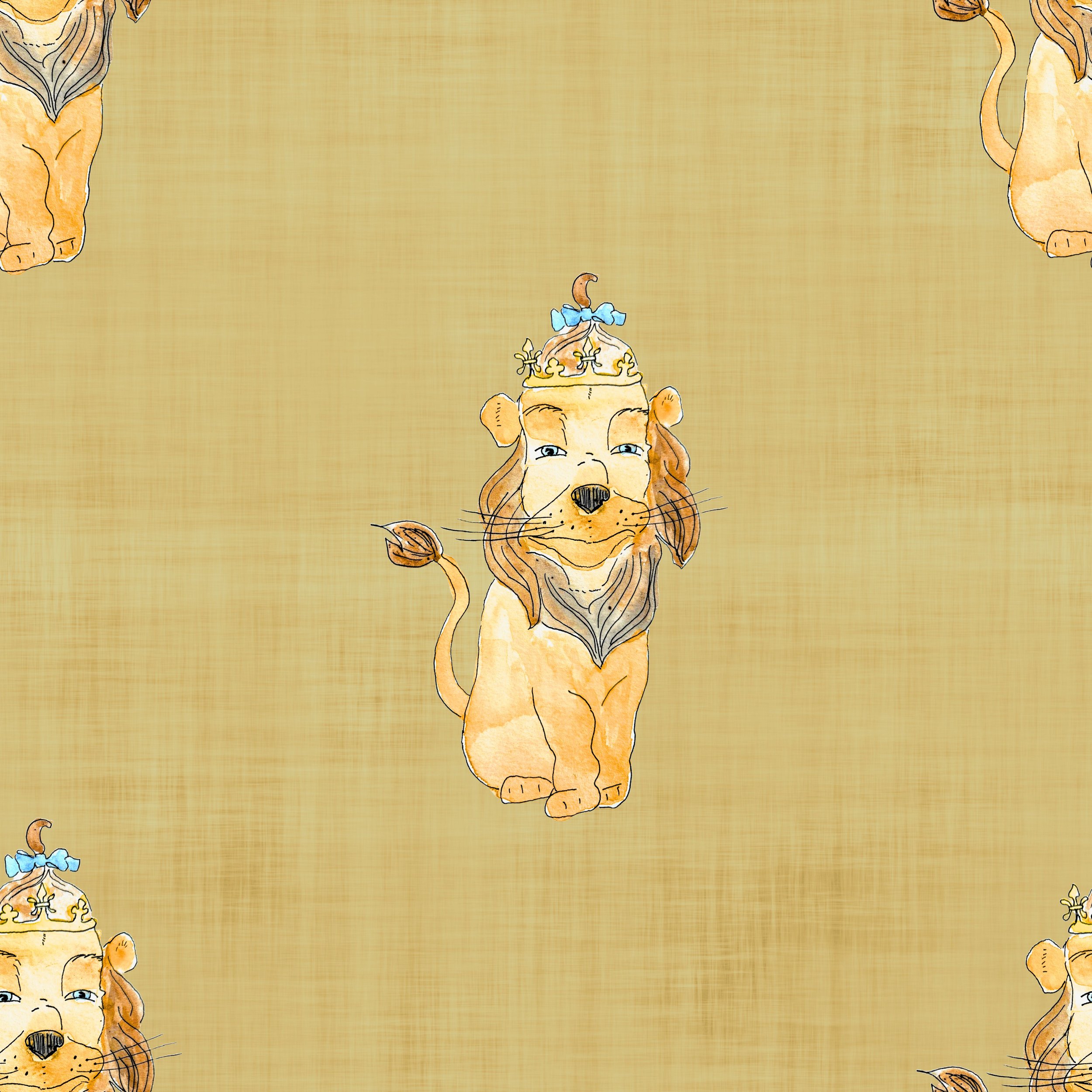 Watercolor pattern featuring cartoon illustrations of a lion wearing a crown, sitting on a yellow background.