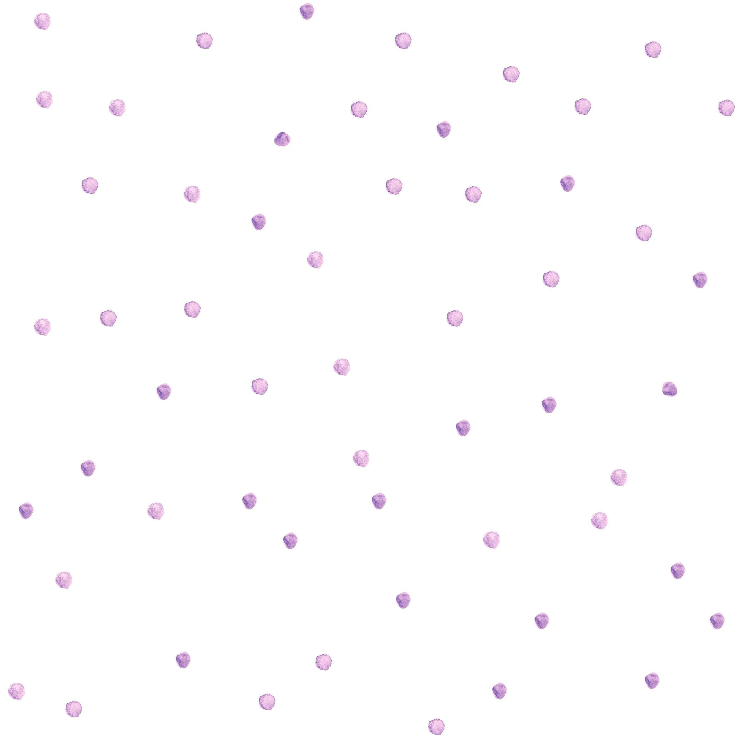 Watercolor purple polka dots scattered on a white background.