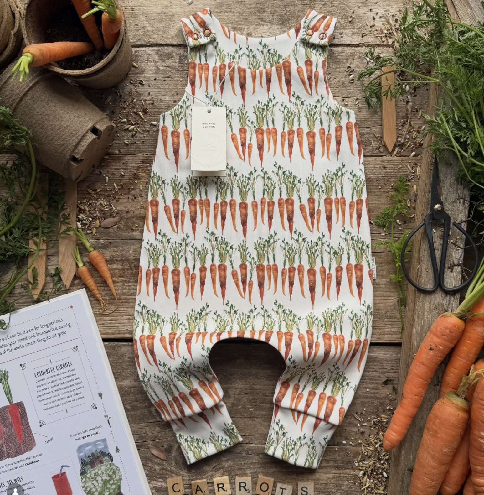 A baby romper with a carrot print lying on a rustic wooden surface, surrounded by fresh carrots, gardening tools, and a gardening book.