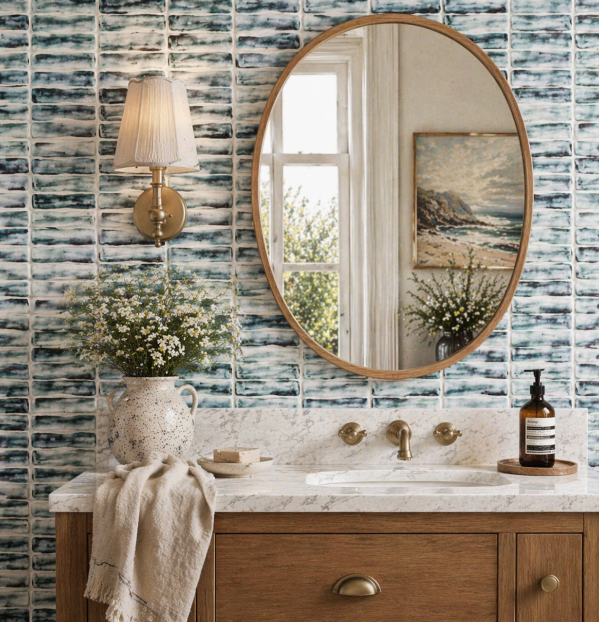 Bathroom vanity with blue cabinet, marble countertop, and a bouquet of white flowers in a glass vase. Wall-mounted light fixture, oval mirror, and brushed bronze faucets and fixtures are also visible.