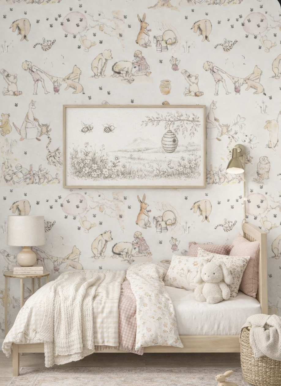 A cozy children's bedroom with a light wood bed dressed in soft pastel bedding, including a plush bunny toy, a classic table lamp, a framed landscape drawing, and wall decor featuring cute animals and nature themes.