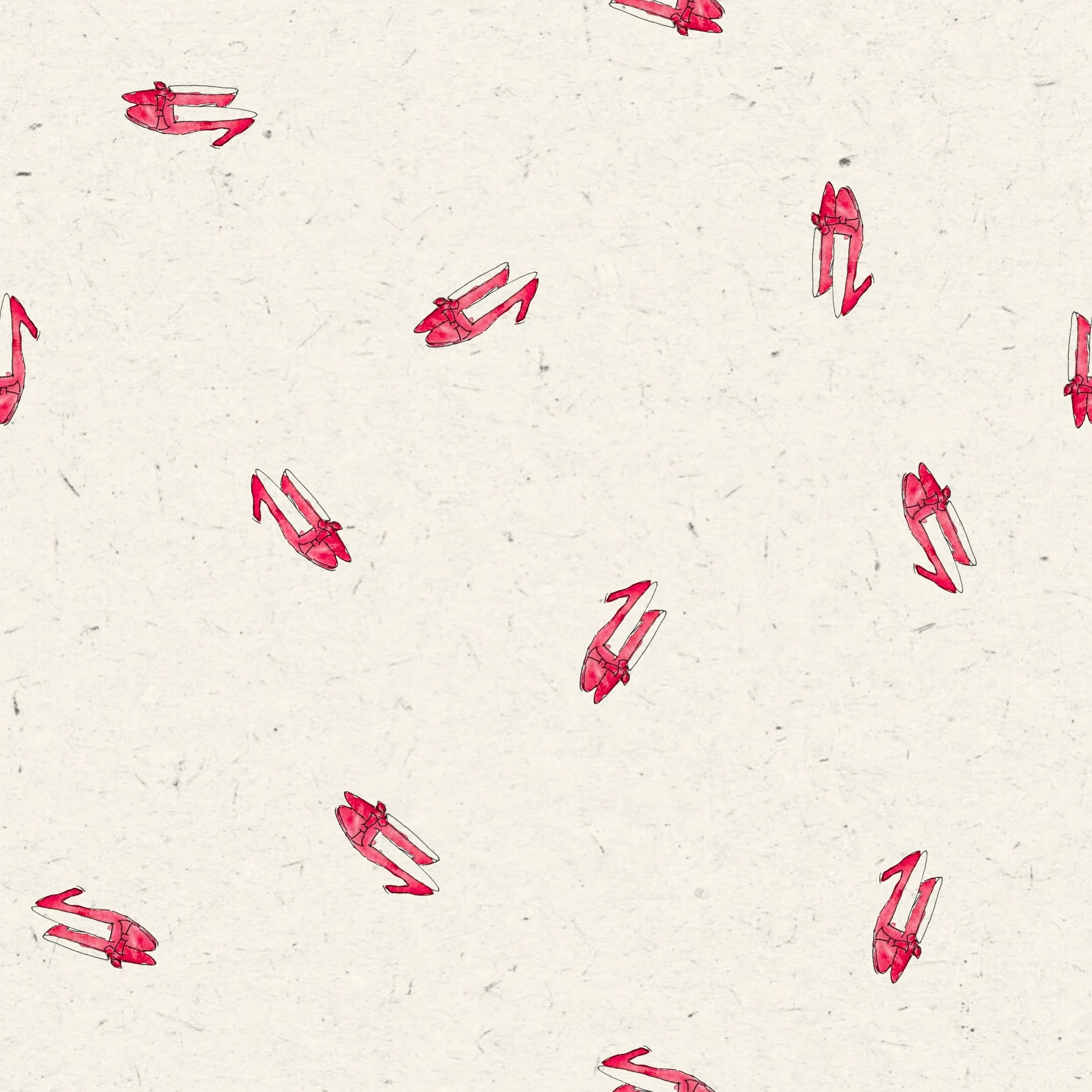Pattern of pink high heel shoes scattered on a beige background.