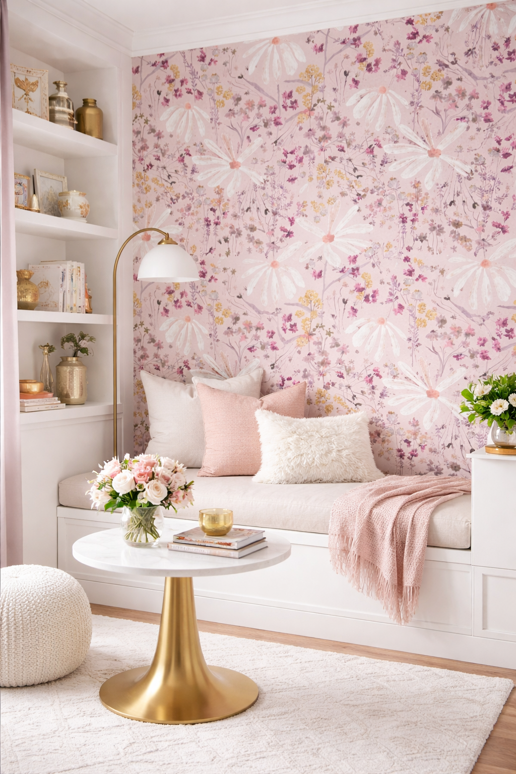 A cozy living room corner with a floral pink and purple wallpaper accent wall, a built-in white window seat with assorted pink, white, and fluffy pillows, a white round marble-top table with a gold base holding a bouquet of pink and white roses, a gold candle holder, and a stack of magazines. There's a white knitted pouf on a beige carpet, a white bookshelf with gold decor, and a side table with a green plant and white flowers.