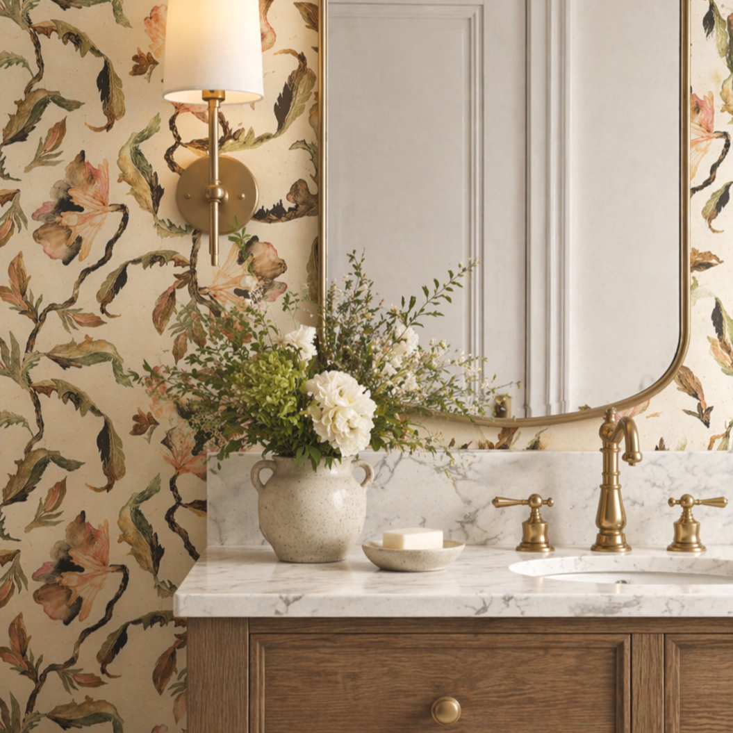 A bathroom with floral wallpaper, a round mirror, a wall-mounted lamp, a pink vanity with a white marble top, a vase of white flowers, and soap dispensers.