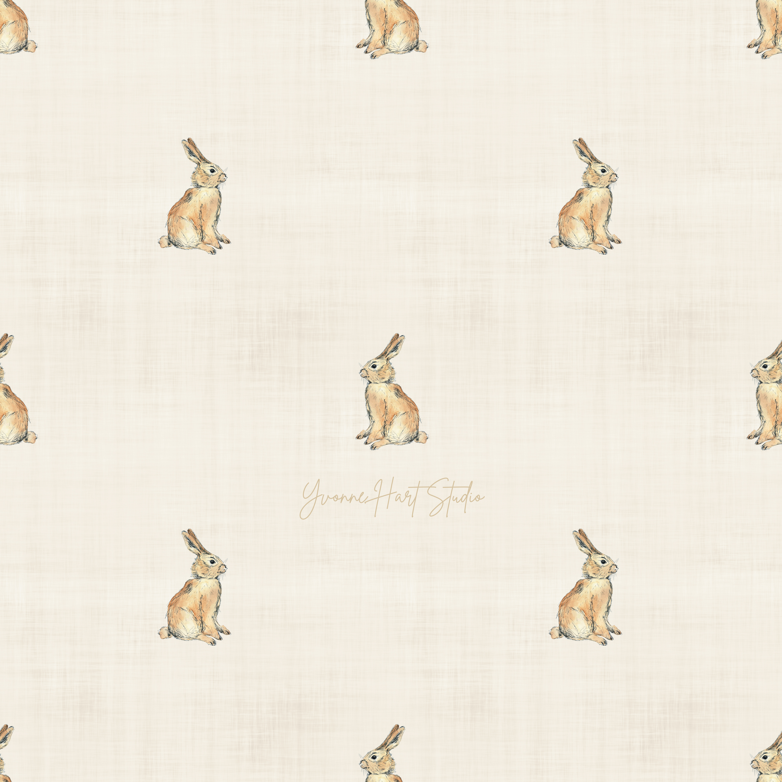 Pattern of illustrated rabbits on a light background, with the text 'Yvonne Hart Studio' in the center.