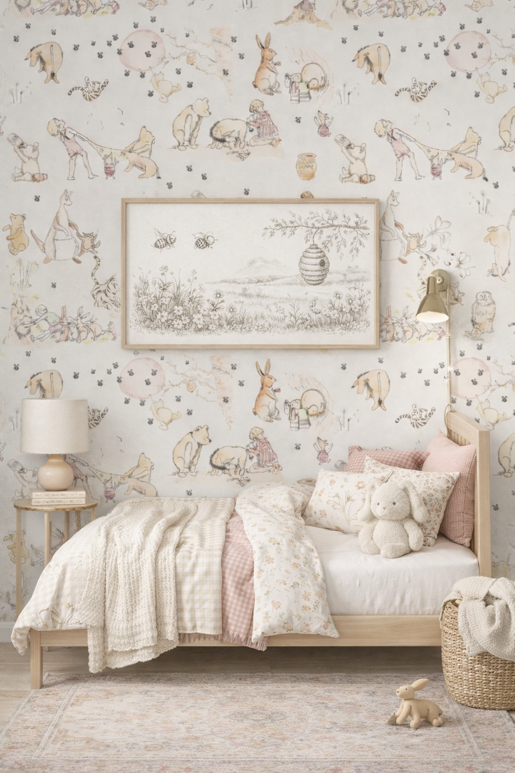 A cozy children's bedroom with pastel-colored wallpaper featuring woodland animals and children playing. A wooden bed has plush pillows, a stuffed bunny, and a knitted blanket. There is a wicker basket with a blanket and a stuffed bunny on the floor. A bedside table with a lamp and books is next to the bed, and a framed monochrome drawing of a landscape hangs on the wall above the bed. A wall-mounted lamp provides additional lighting.