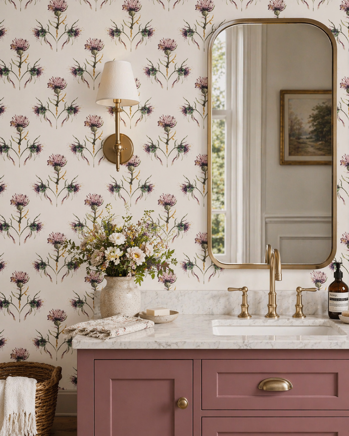 A bathroom vanity with a pink cabinet, white marble countertop, and a vase of white flowers. A round mirror hangs on a floral wallpapered wall with purple and green flower patterns. There is a wall-mounted light fixture with a white shade.
