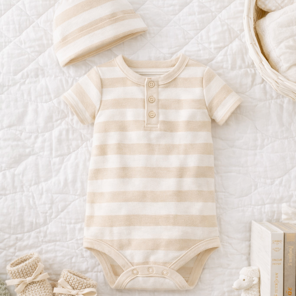 Cream and beige striped baby onesie with buttons, laid flat on a white quilted bedspread surrounded by beige knit baby socks, a beige hat, a white basket with towels, and books.