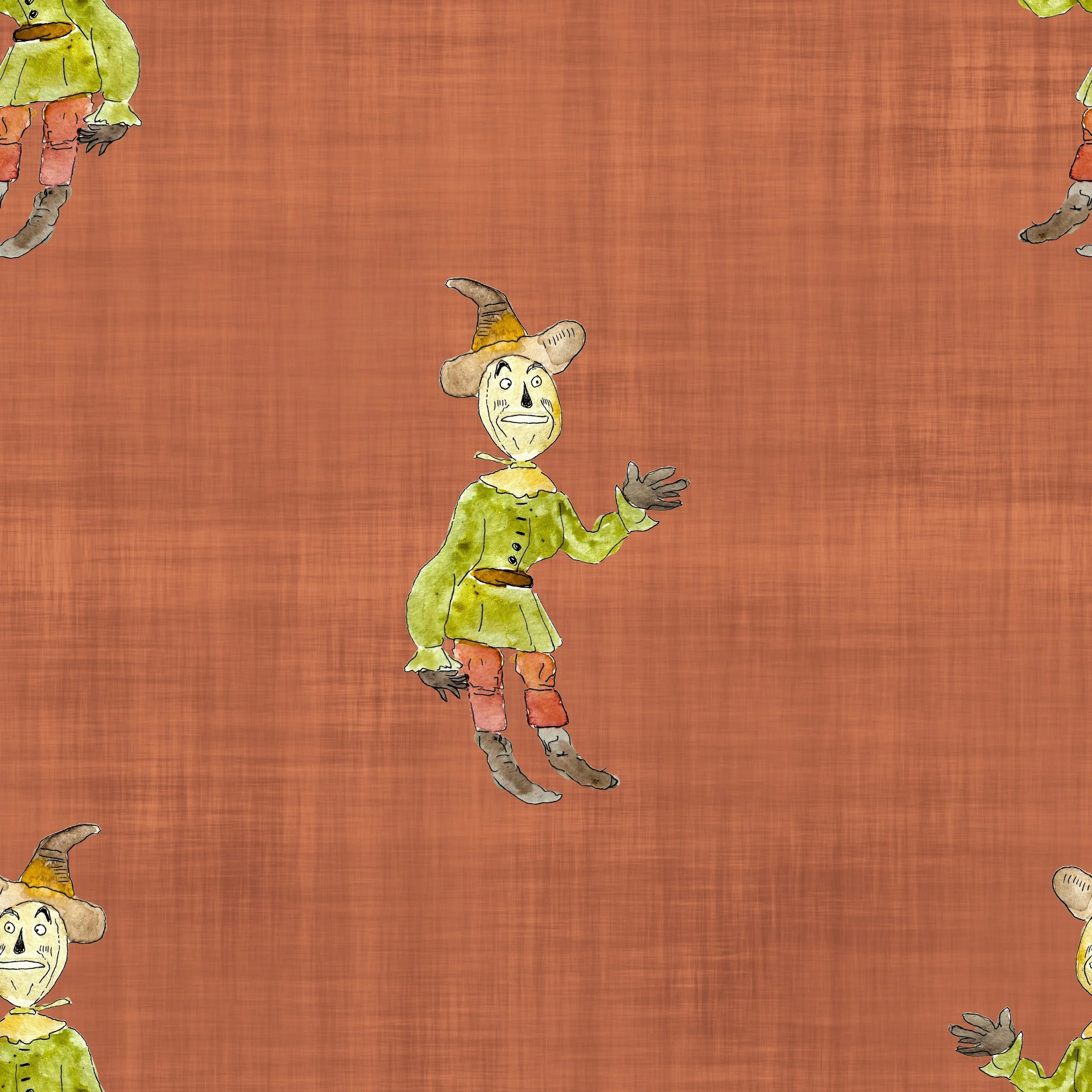 Watercolor illustration of a whimsical character dressed as a witch with a pointy hat, green coat, and orange pants, waving against a warm, textured background.