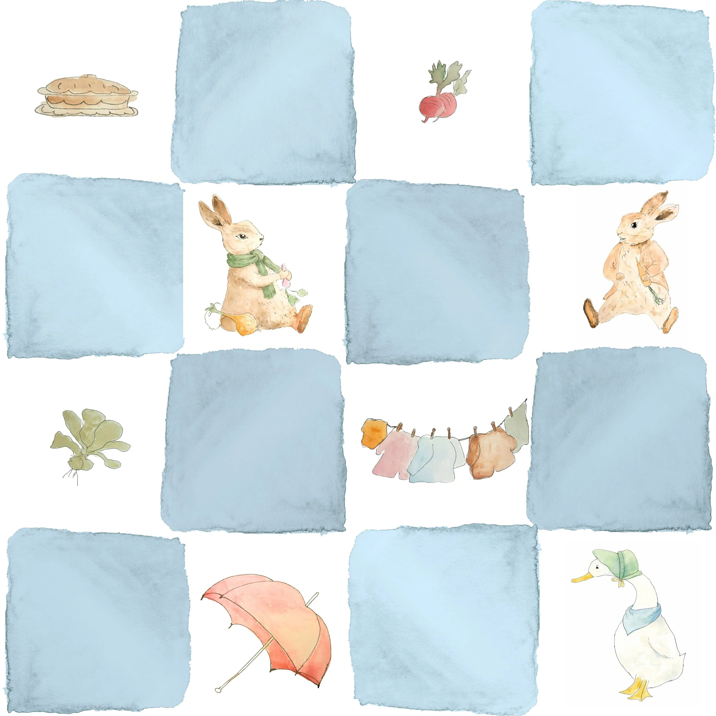 Illustration of a tic-tac-toe board with rabbits, vegetables, a duck, and laundry items in the game squares.