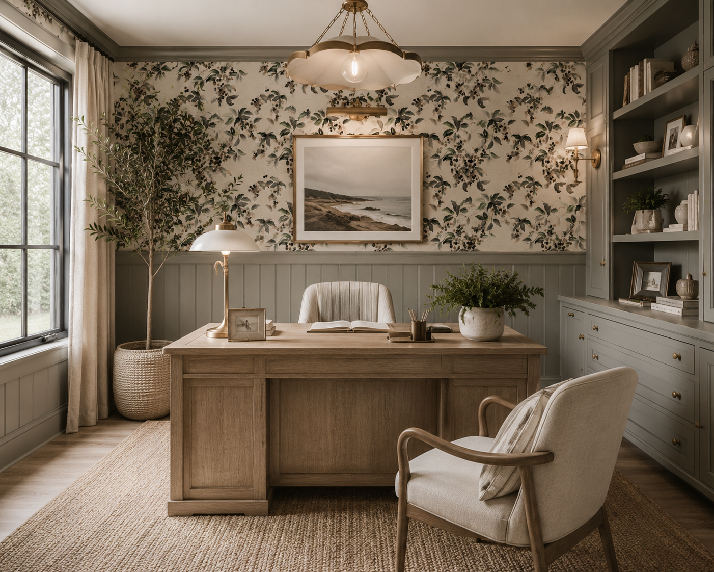 A laundry room with green cabinets, a floral wallpaper, a white farmhouse sink, and front-loading washer and dryer. There are wicker baskets, towels, and decorative items, with brass fixtures and pendant lighting.