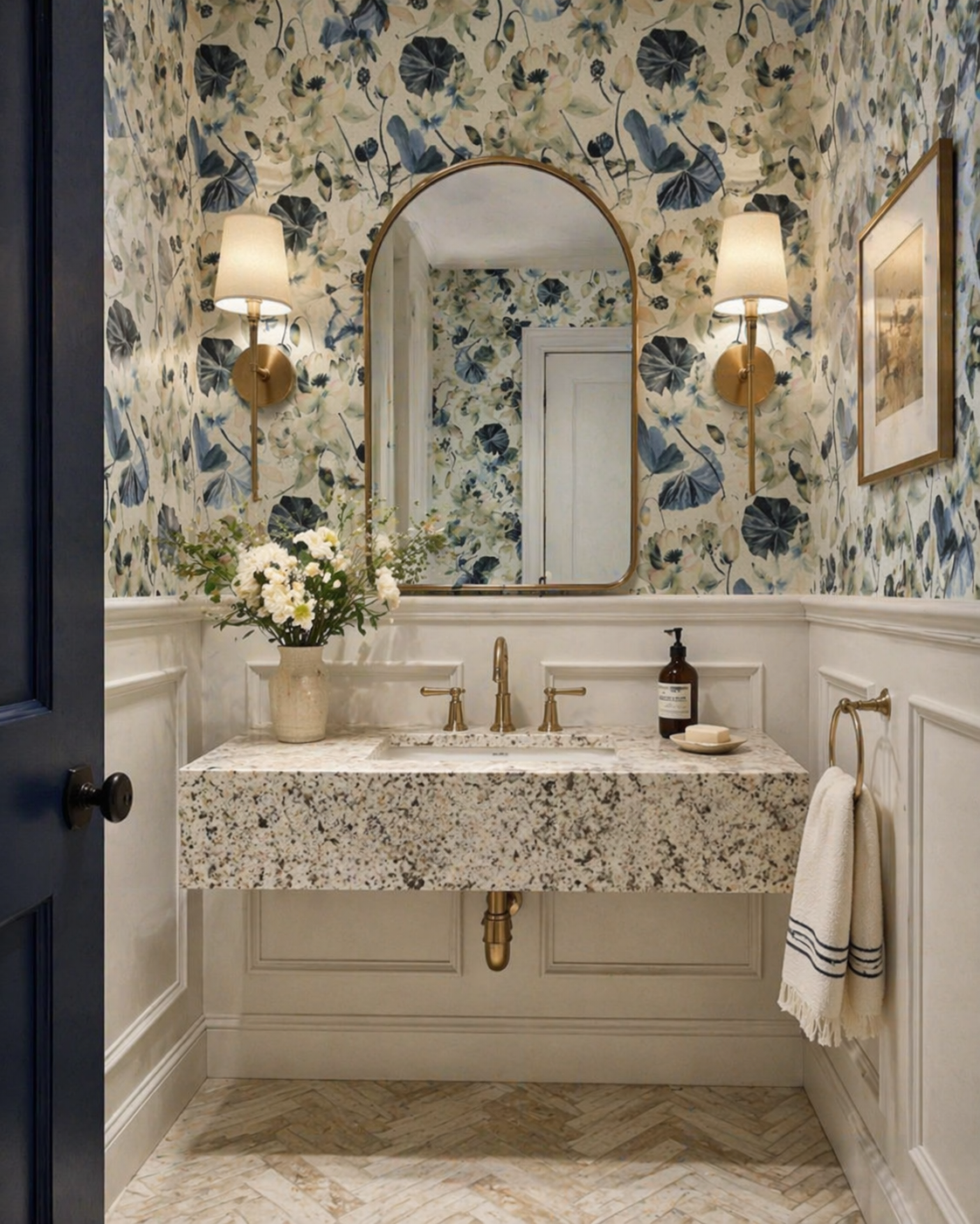 A bathroom vanity with a black cabinet, speckled granite countertop, and an oval mirror surrounded by floral wallpaper. Two vertical wall sconces flank the mirror, and there is a brass faucet above the sink. Decorative items include a vase with dried plants, a soap dispenser, and a tray with a candle and small container.