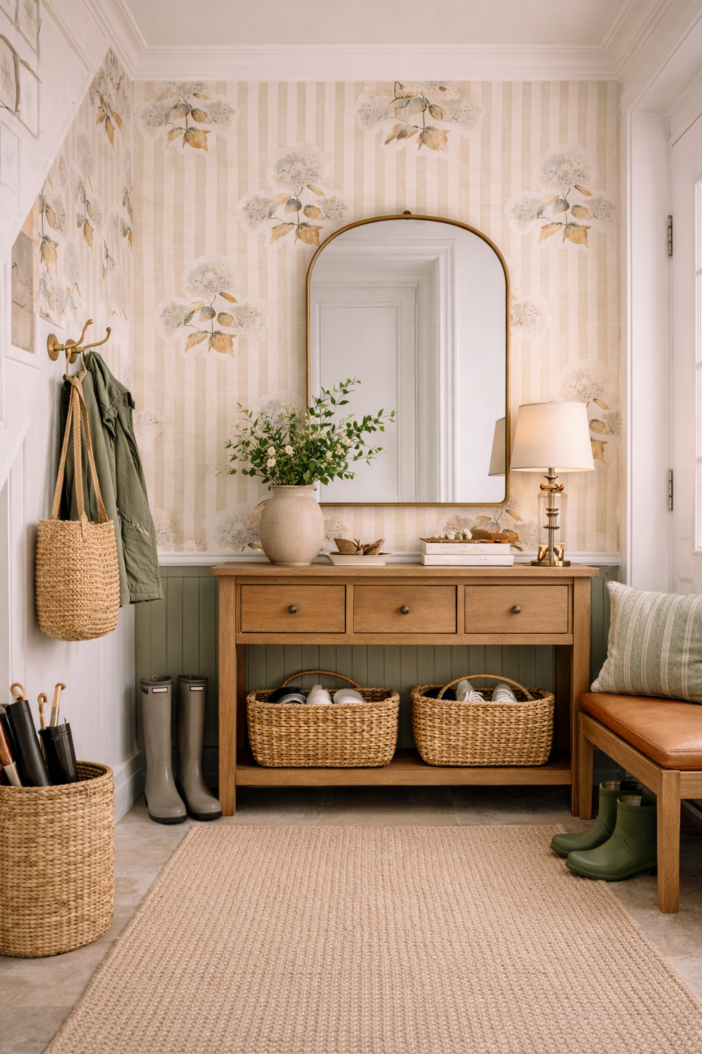 Entryway with a wooden table holding a vase with green and white flowers, a lit table lamp, and decorative items. Wicker baskets with shoes are underneath. A mirror hangs on a wallpapered wall with floral and striped patterns. There is a bench with a striped pillow and green rain boots on a woven rug on the floor. A coat rack with a jacket and bag is on the left, and a pair of rain boots are on the floor.