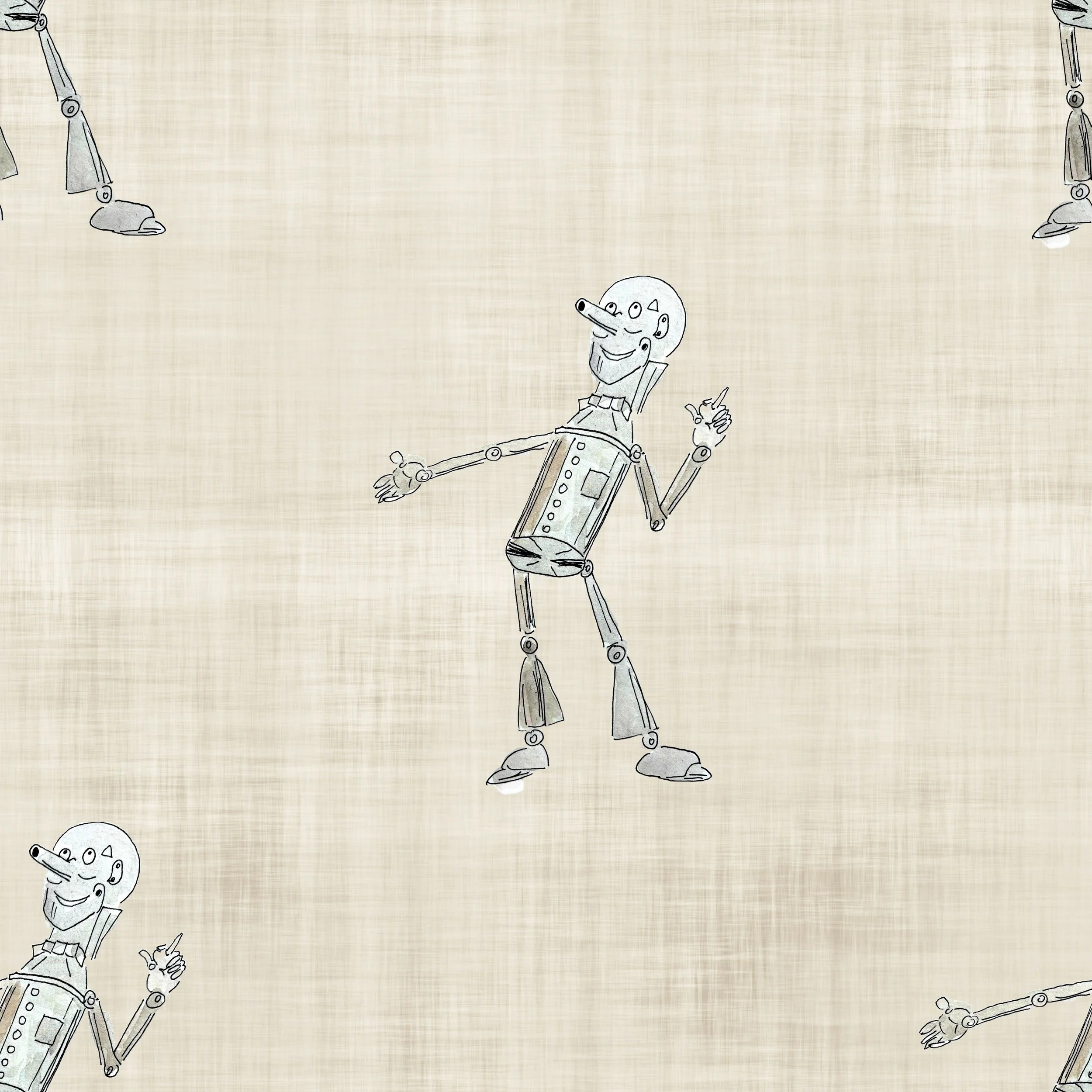 Repeating pattern of a cartoon wooden puppet figure smiling and pointing, on a textured beige background.