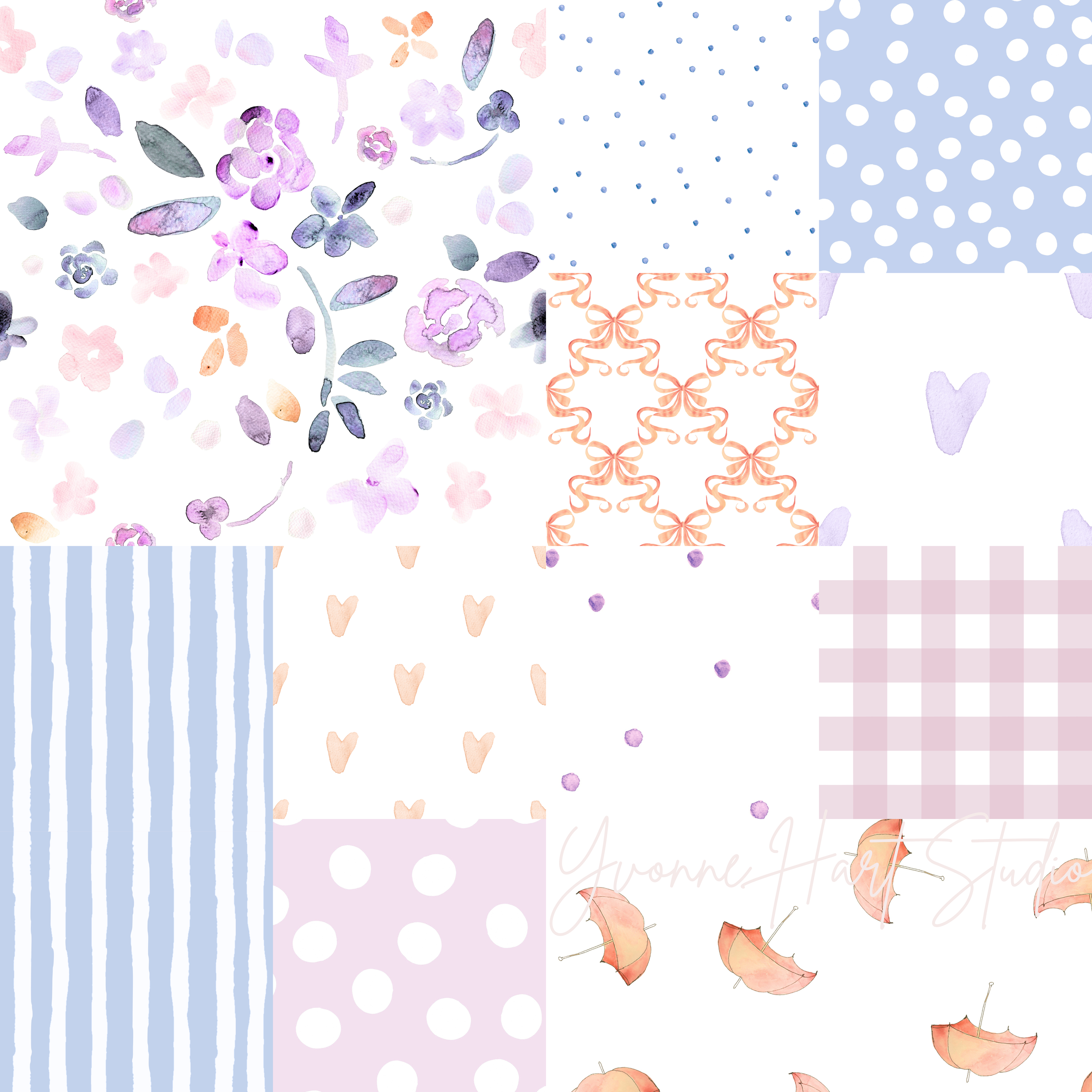 A collage of pastel-colored patterns, including purple and pink flowers, polka dots, stripes, bows, and umbrellas.