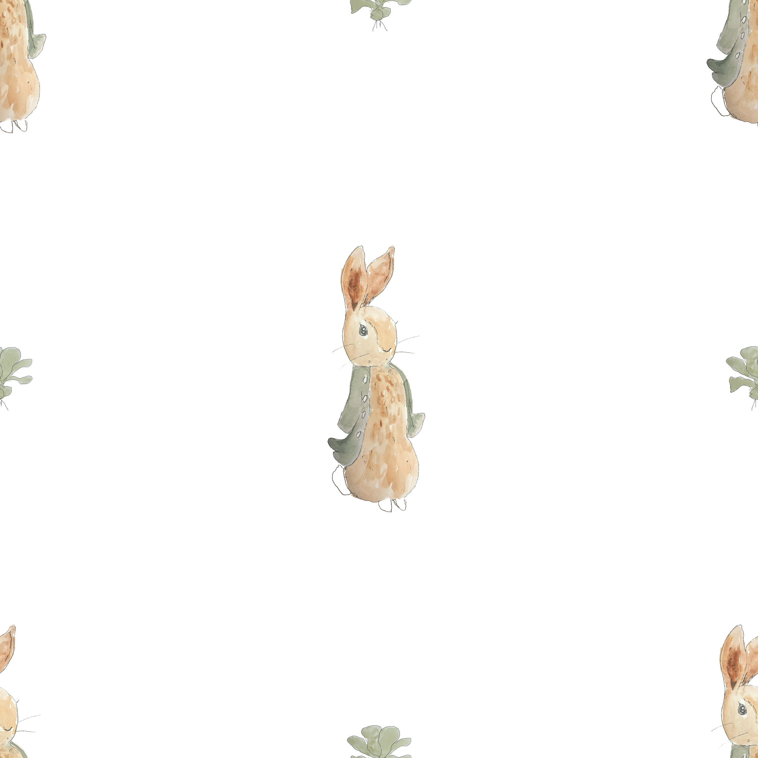 Watercolor pattern featuring rabbits wearing green jackets and green leaves on a white background.