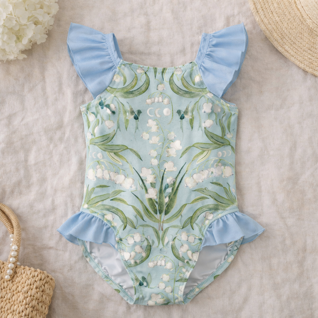 Light blue baby swimsuit with a floral and leaf pattern, ruffled sleeves and leg openings, and a zipper in the front, laid flat on a white surface with woven accessories and a flower in the background.