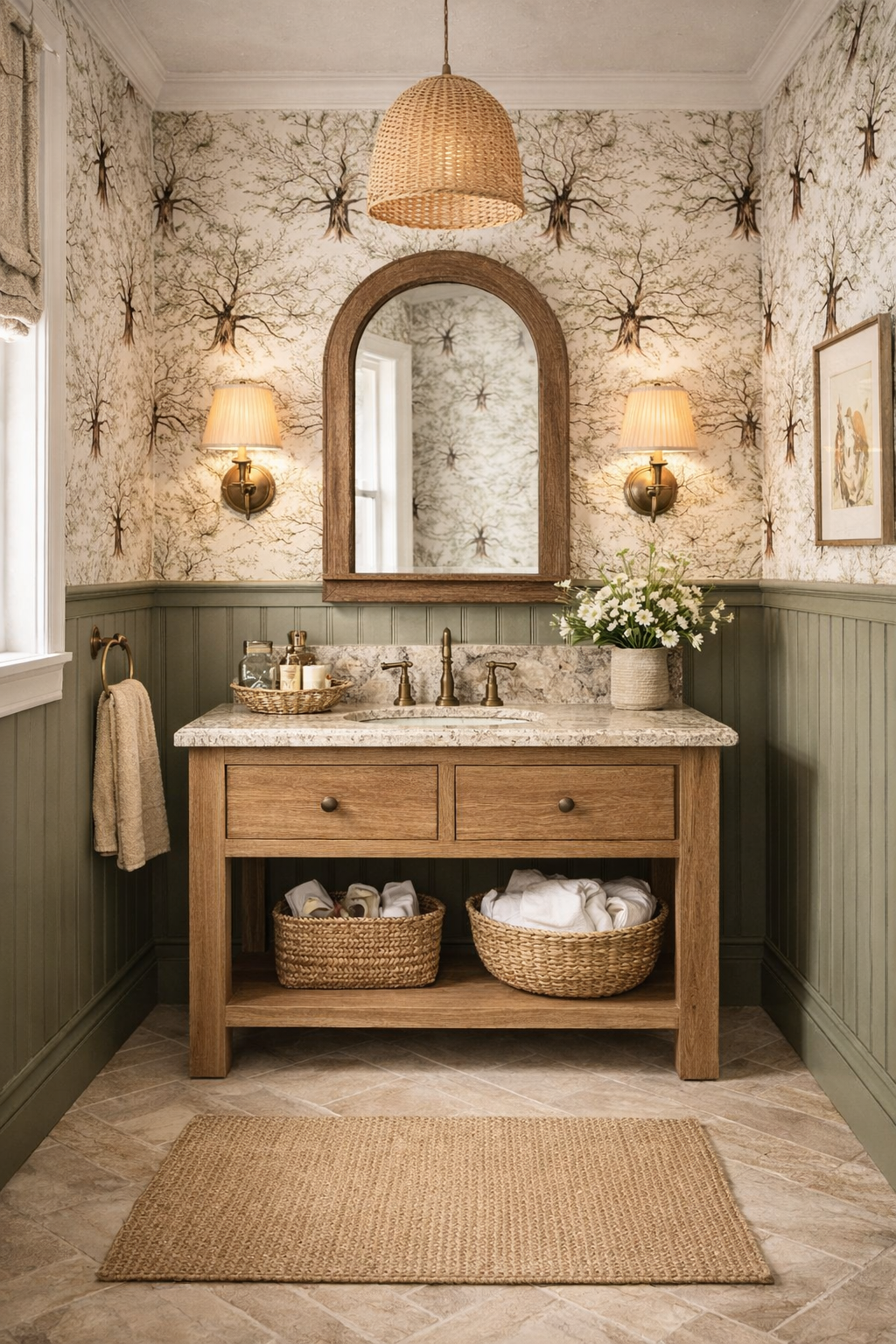 A bathroom with a wooden vanity, marble countertop, and mirror, illuminated by wall sconces, decorated with wallpaper featuring tree branches, and a wicker pendant light hanging from the ceiling. There are woven baskets with towels under the vanity, a vase with white flowers on the counter, and a beige rug on the tile floor.