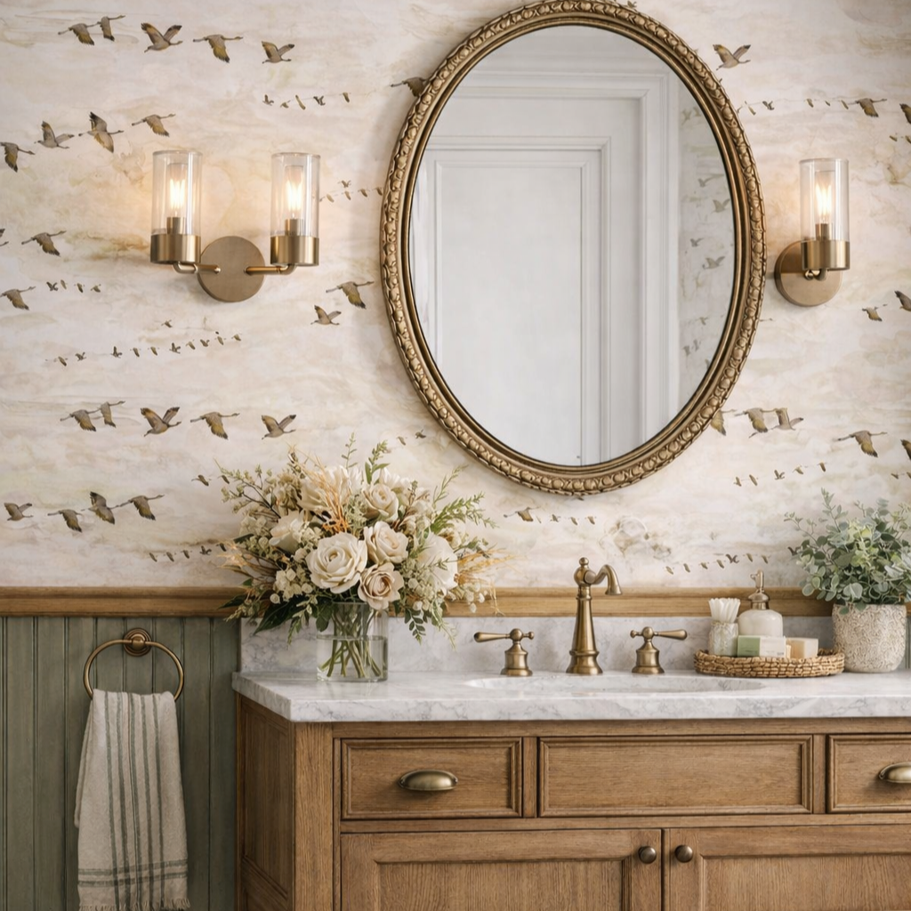 Wall with bird mural, wall-mounted lamp, mirror, vase with white flowers on a countertop, soap dishes, and a brown cabinet.