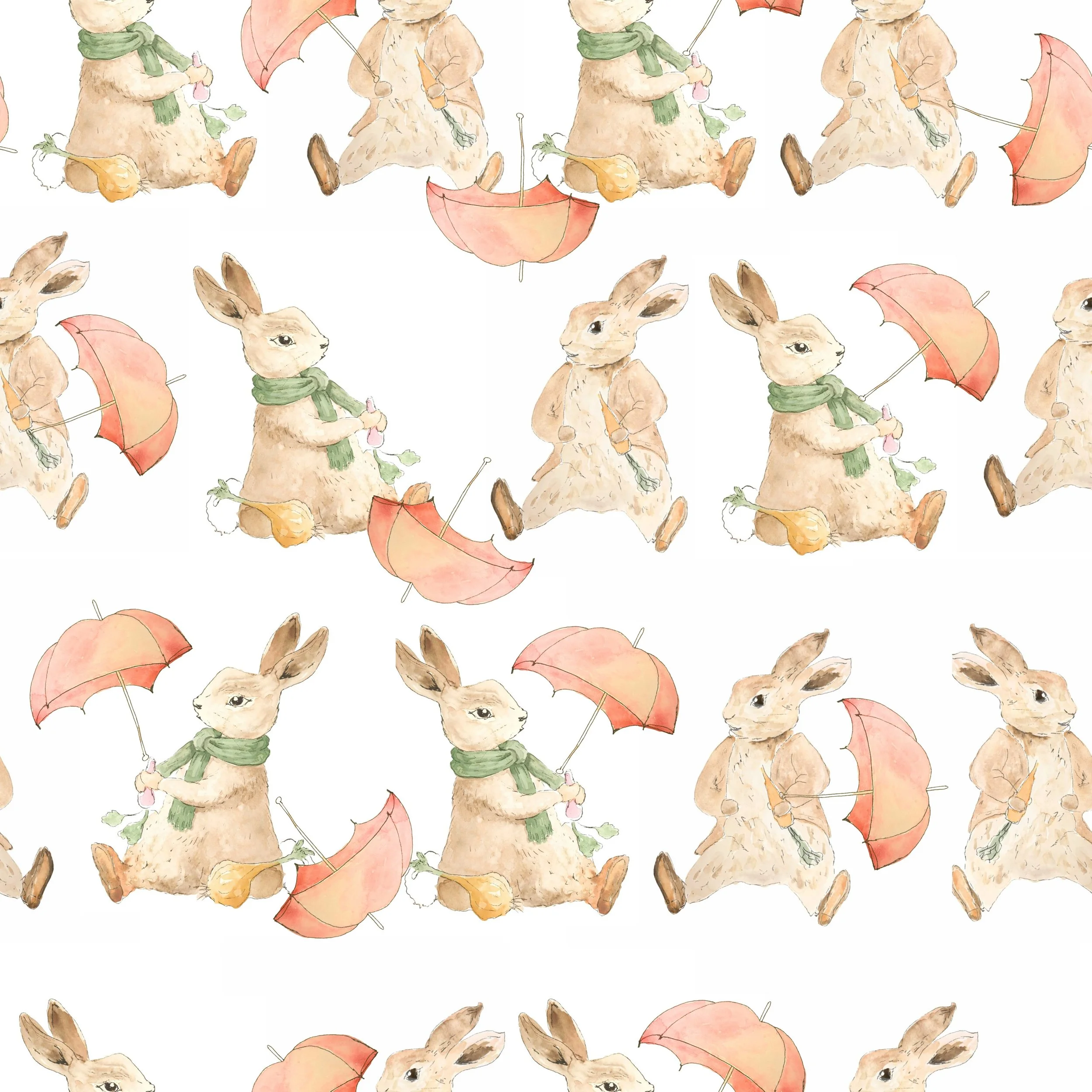 Repeating pattern of watercolor illustrations of cute rabbits holding pink umbrellas and wearing green scarves.