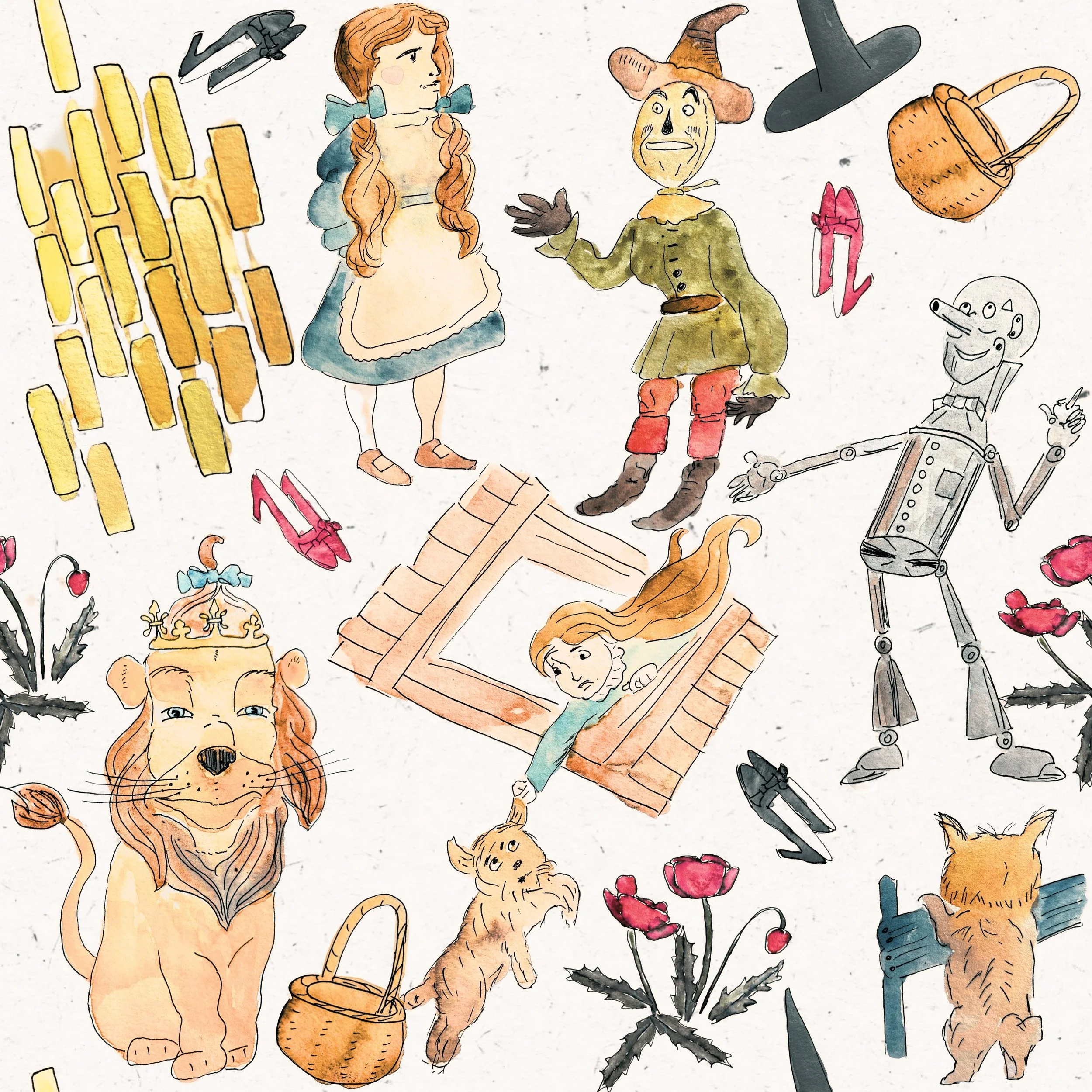 A watercolor illustration of various characters and objects, including a girl with long hair, a scarecrow, a lion, a kitten with a basket, a humanlike robot, a girl in a well, a witch's hat, broom, pink shoes, and flowers.