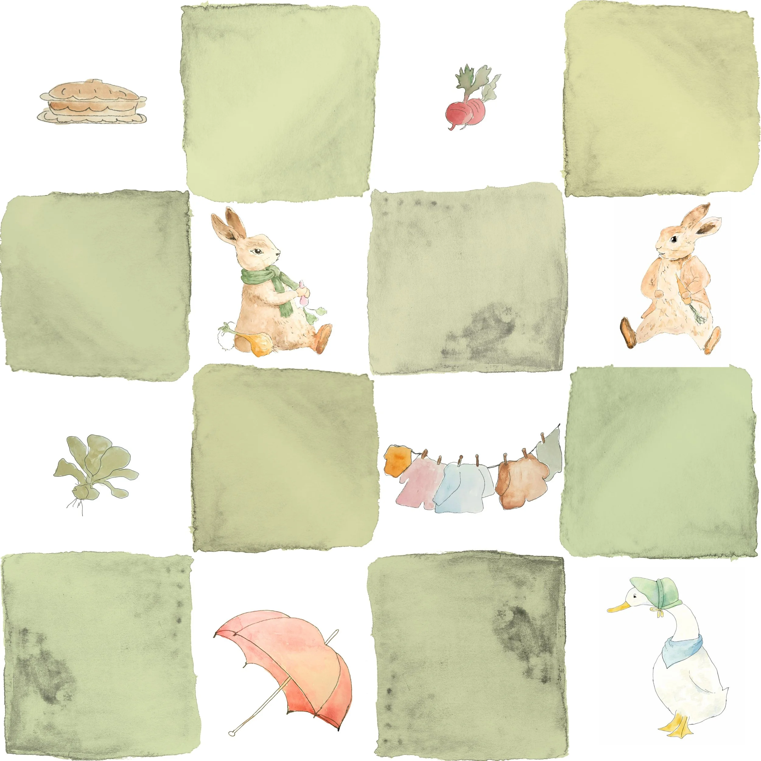Watercolor illustration featuring rabbits, mushrooms, radishes, a leaf, a clothesline with hanging clothes, a pink umbrella, and a duck wearing a hat, with a pattern of alternating green and white squares.