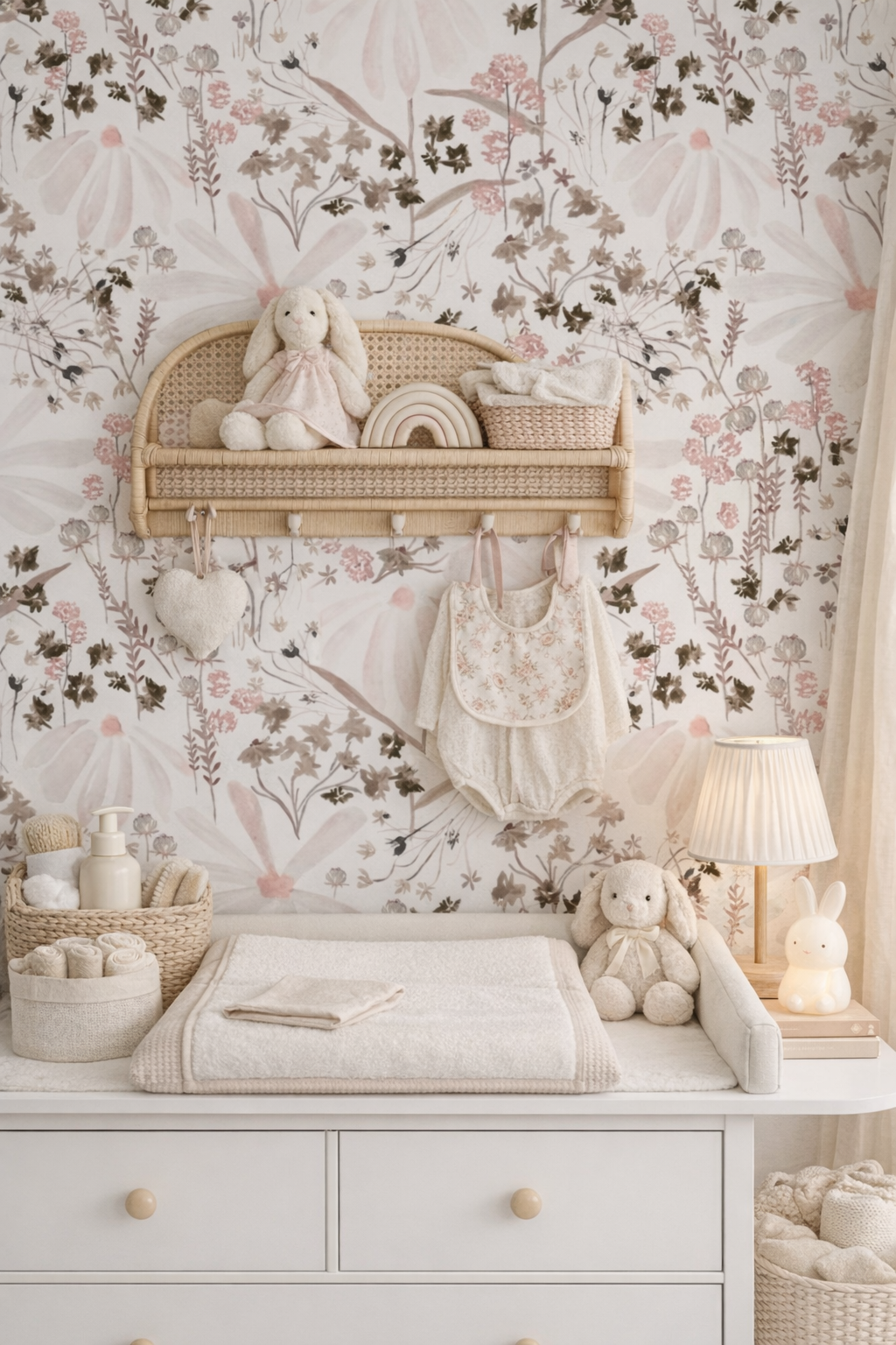 Nursery changing station with plush bunny toys, small storage basket, lamp, and decorative wall hanging with stuffed animals, hanging on floral wallpaper.