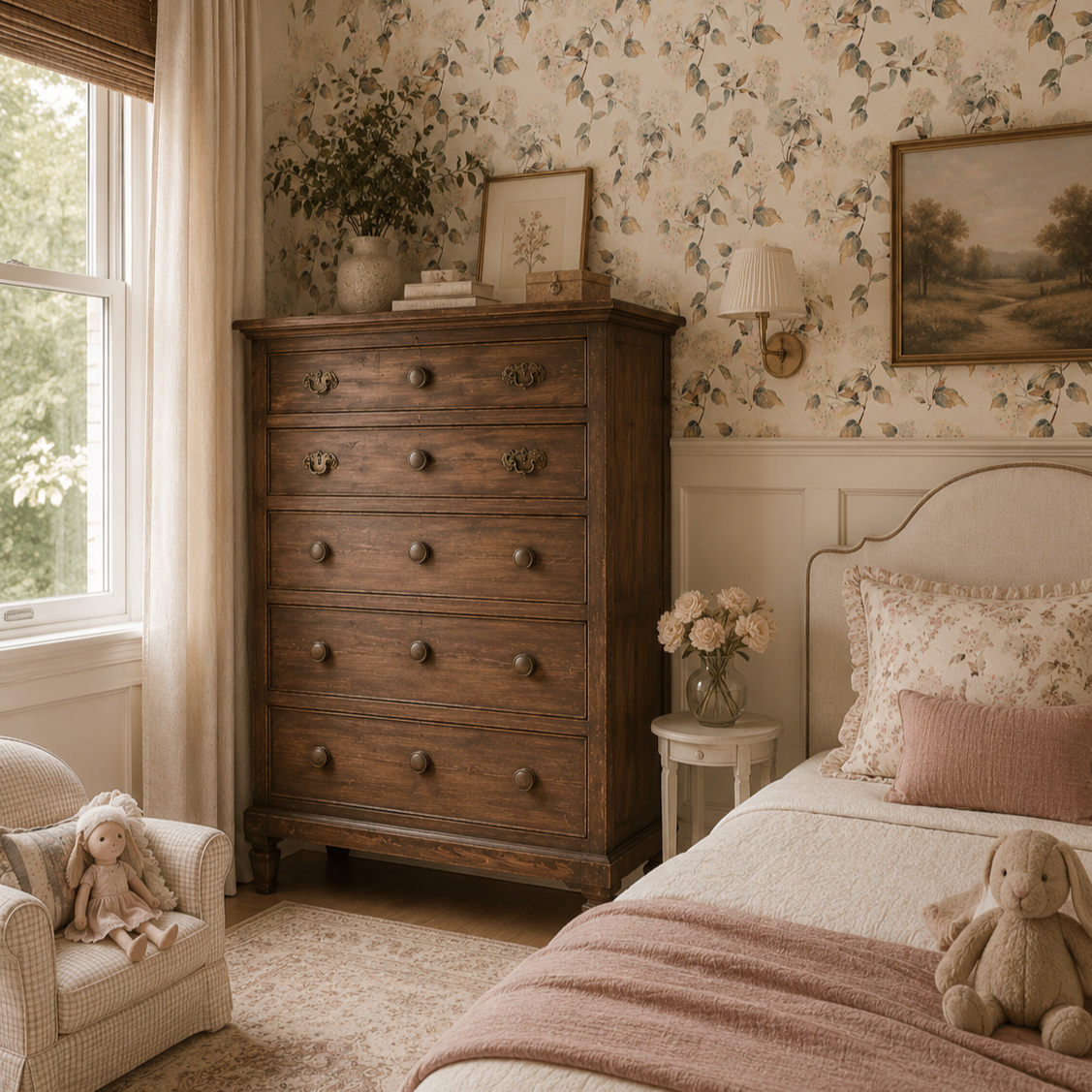 A cozy nursery with a beige wooden crib, white bedding, and a beige blanket. There are soft toys and wooden blocks on the white rug. The room has floral wallpaper, sheer white curtains, and natural light coming in from a window.