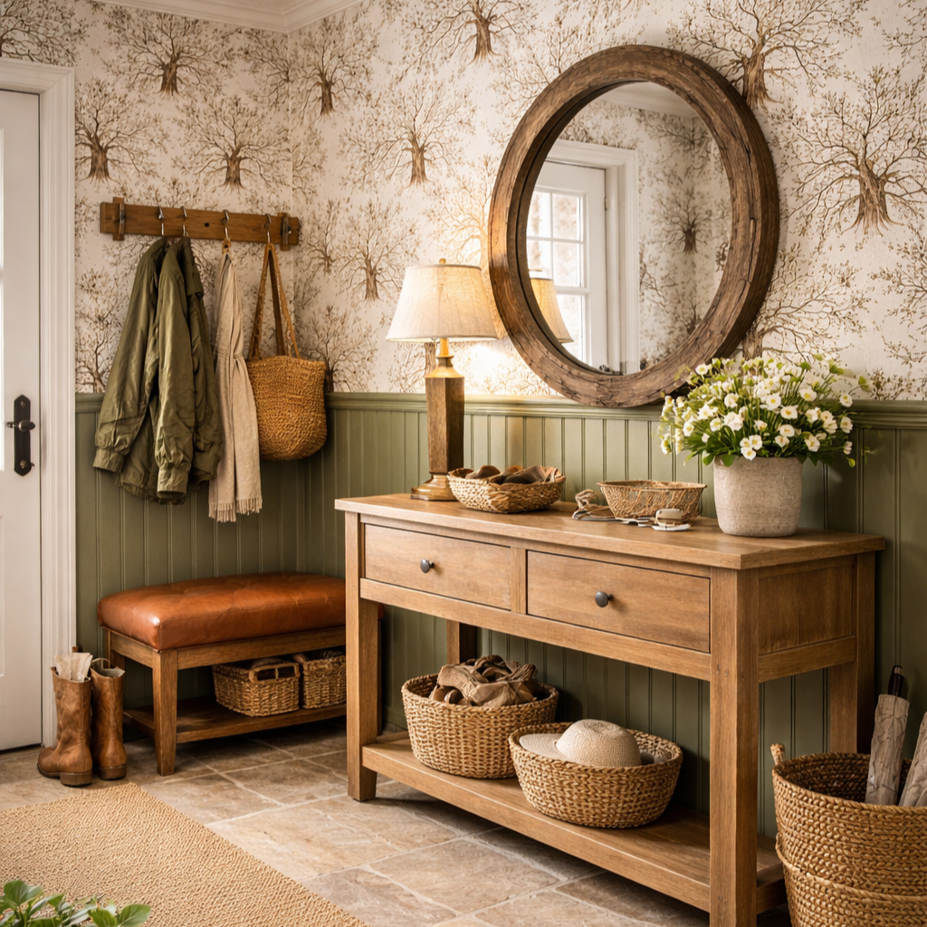Entryway with a wooden console table, a large round mirror, a table lamp, a potted flower, and woven baskets on the shelf. A bench with coat hooks, coats, scarves, a woven bag, and boots are near the wall. Wallpaper with tree patterns decorates the wall.