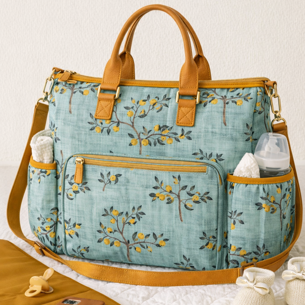 A teal diaper bag with lemon and branch pattern, brown handles, and multiple pockets, containing baby essentials like wipes and bottle, placed on a white quilted surface.