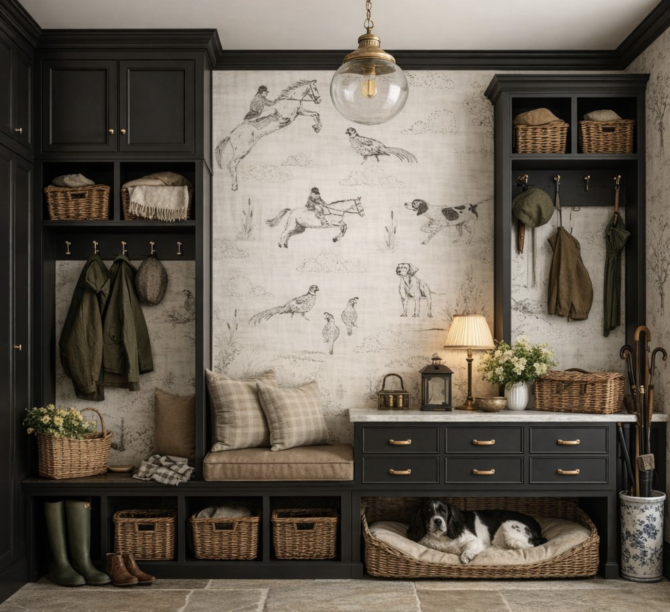 A cozy mudroom with black built-in cabinets and a bench, decorated with plaid pillows, wicker baskets, and outdoor gear hanging on hooks. A black and white dog lies in a wicker dog bed below. The wall features rustic hunting-themed artwork with birds, dogs, and people riding horses. A small table with a lamp and flowers adds warmth to the space.