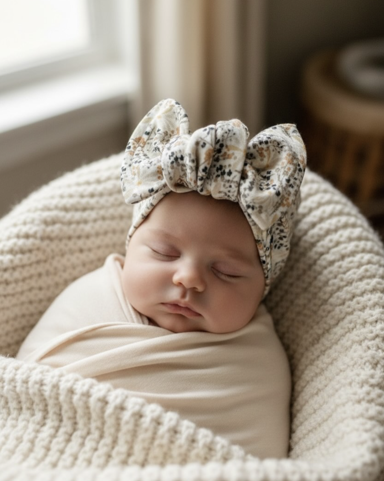 A sleeping baby wrapped in a cream-colored blanket, wearing a patterned headwrap with a large bow on top.
