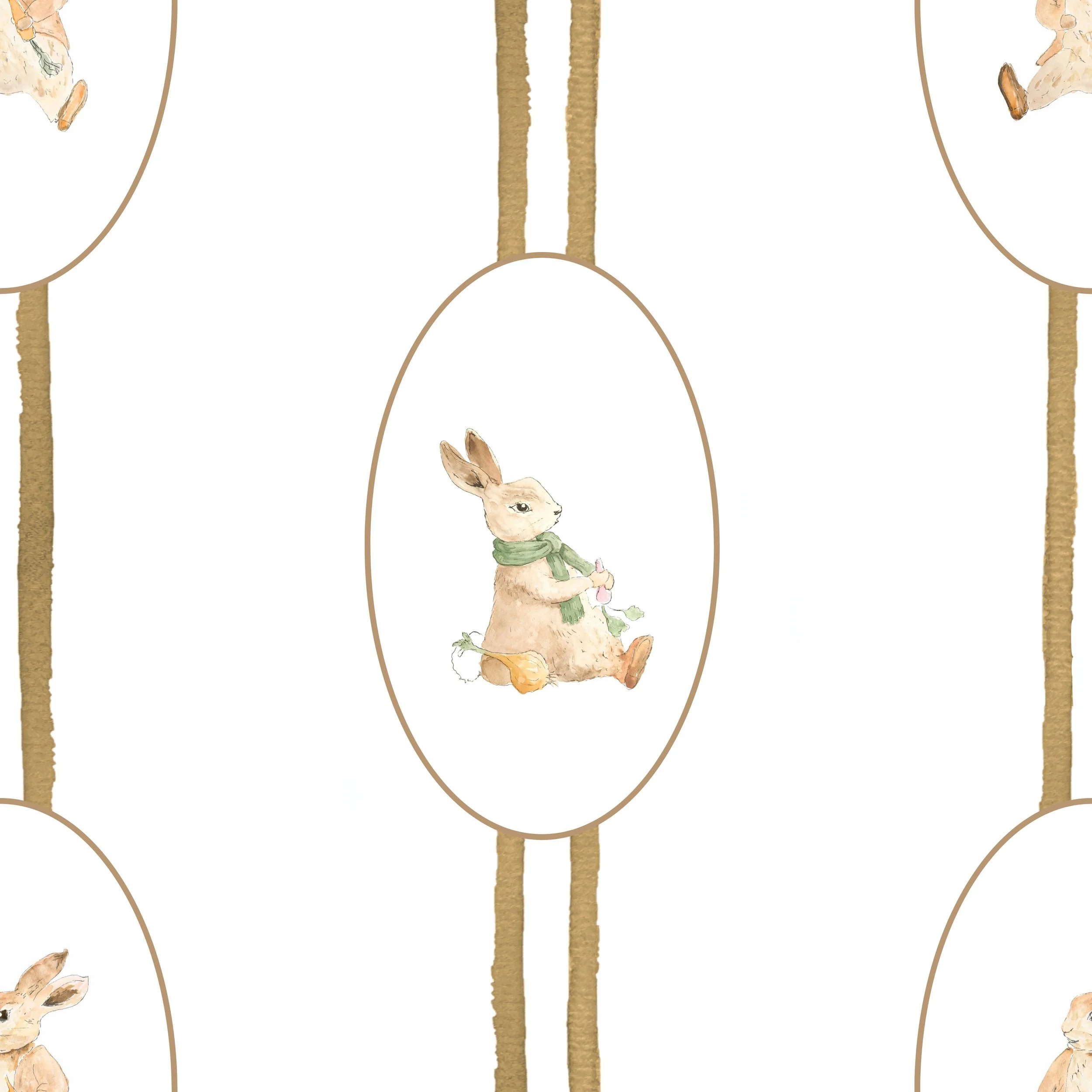 Watercolor illustration of a sitting bunny wearing a green scarf, holding a carrot, with a few more carrots around it, repeated in an oval frame on a white background.