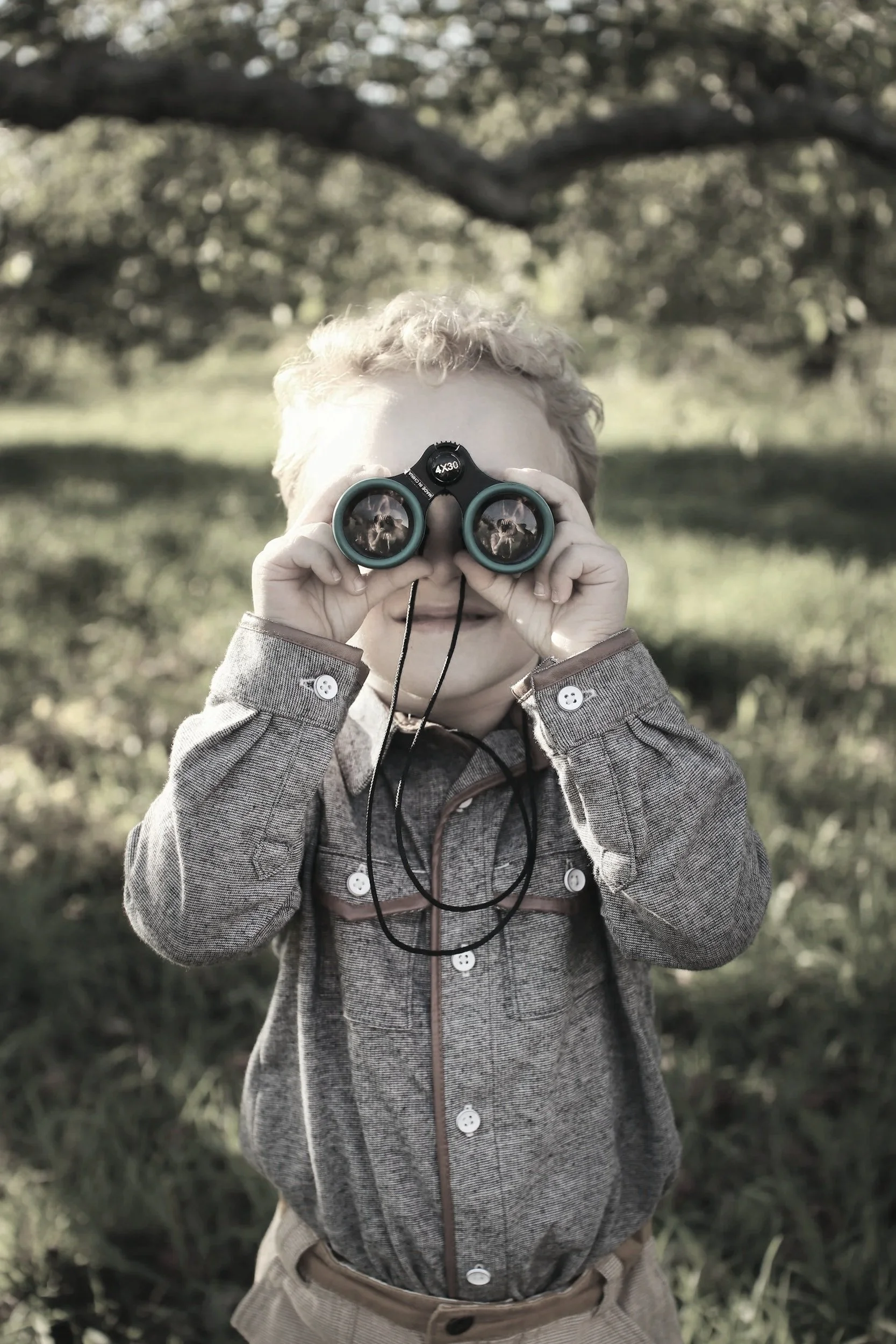 A young boy with curly blonde hair holding binoculars up to his eyes outdoors, with a tree and sunlight in the background.