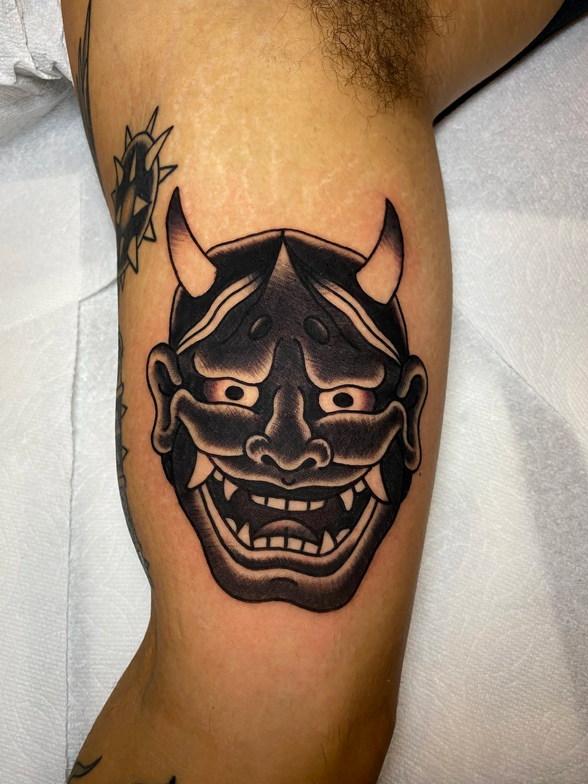Japanese Traditional Black Hannya Mask Tattoo by Jordan Brill in Nashville, TN