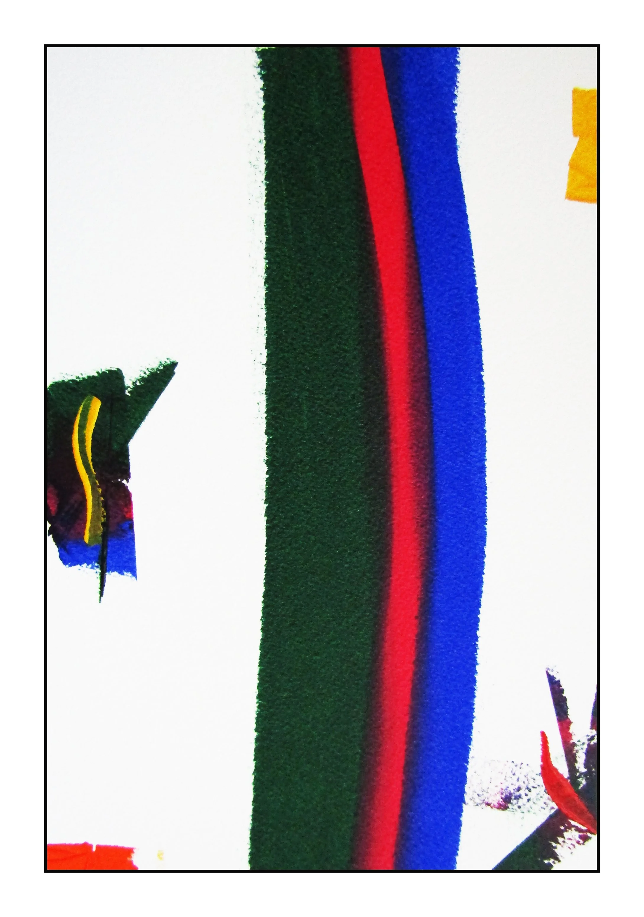 Green, red, and blue lines merge together forming a thick vertical line across a white page.