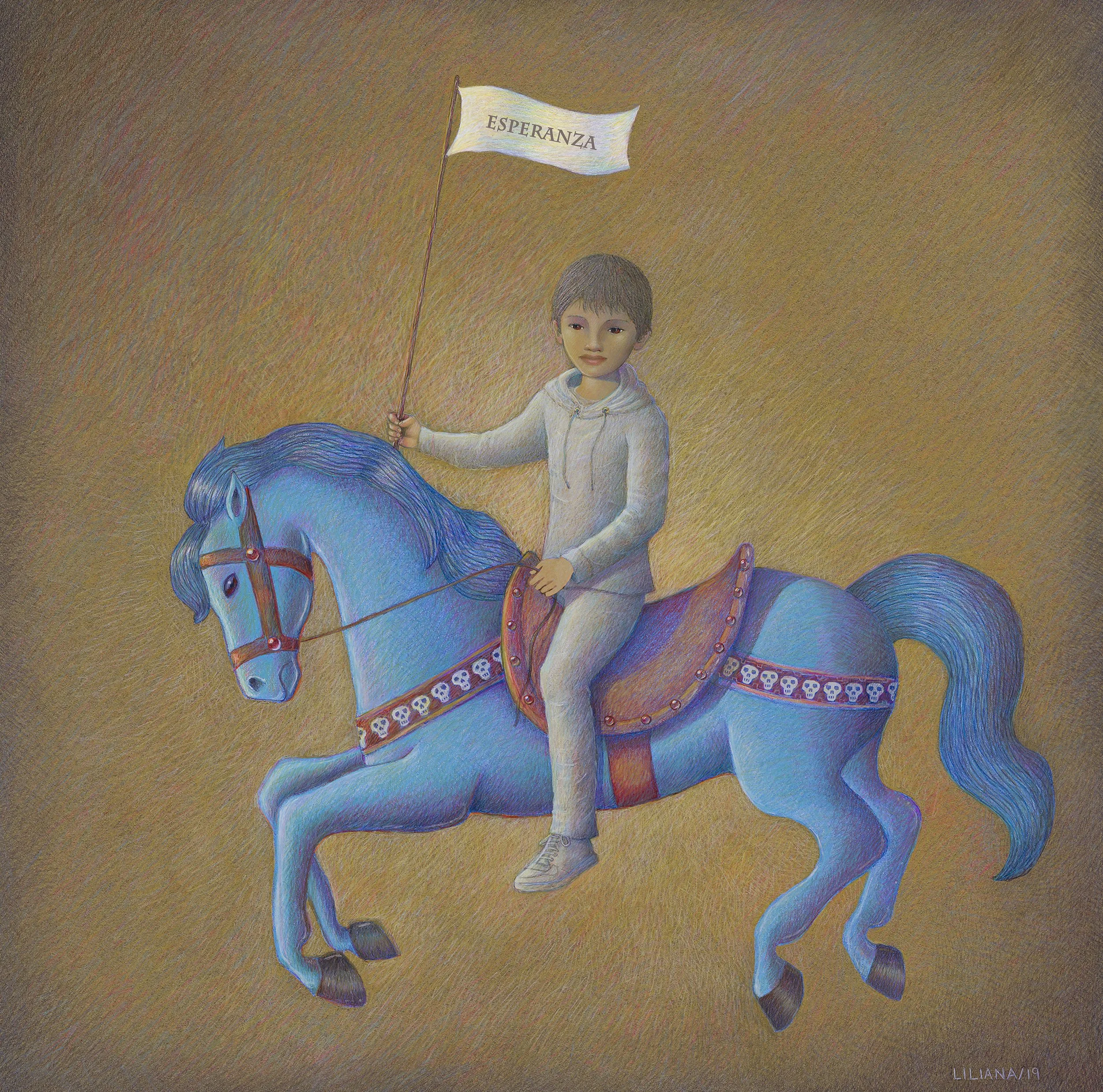 Little boy in sweats proudly holding a flag and riding a blue horse