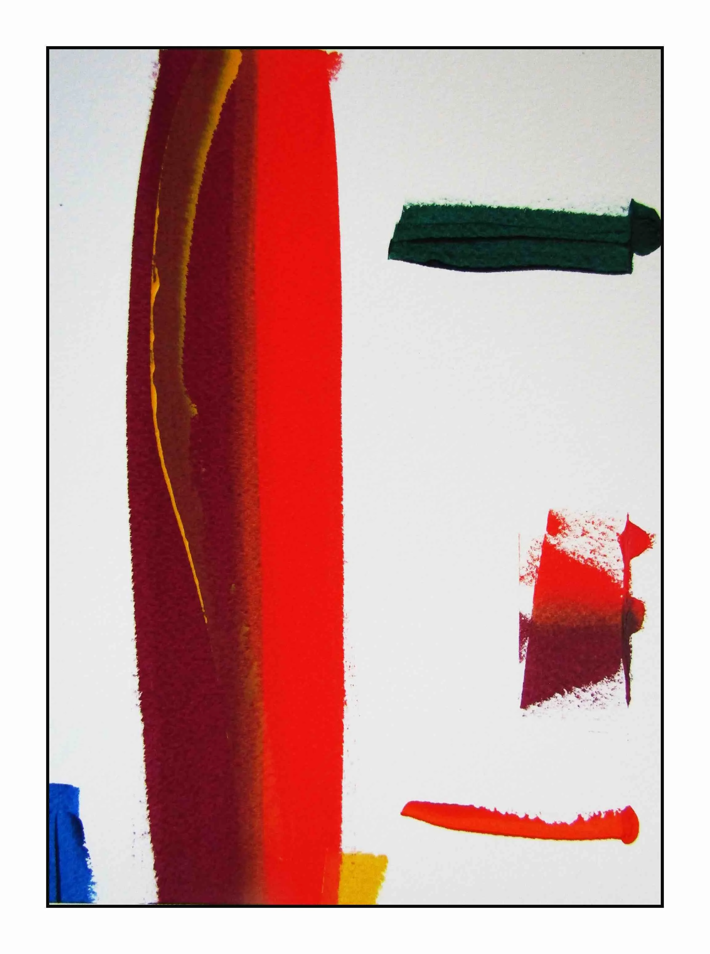 Thick, vertical red line across a white page, with splatters of other colors on the sides.