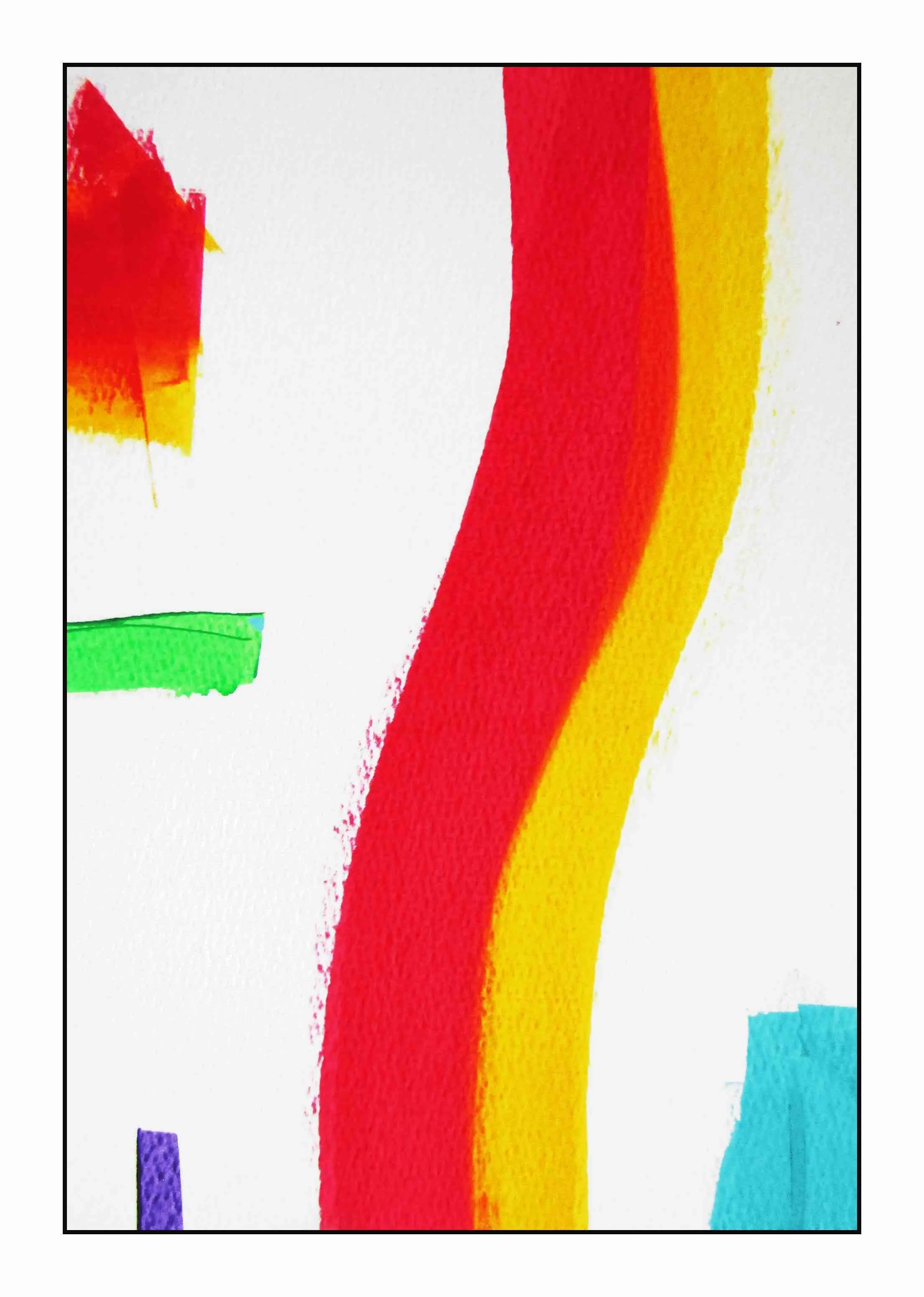 Thick red and yellow lines stroking across white page with various other colors spattered on the sides..