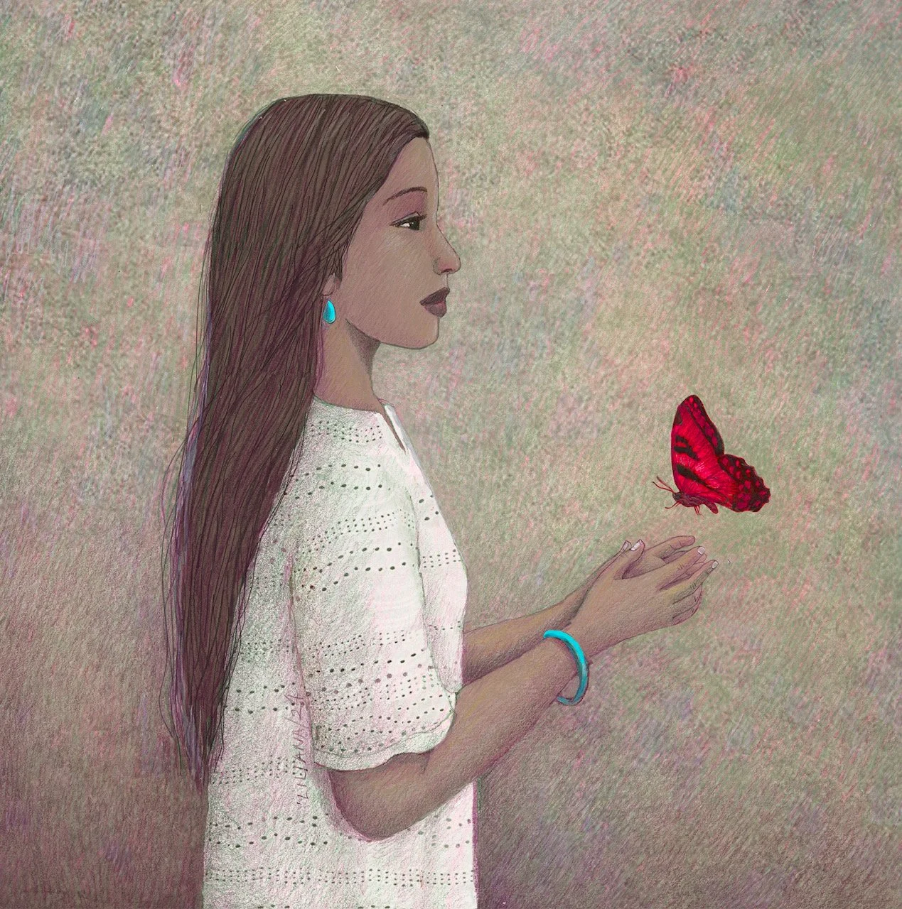Melancholy girl with turquoise jewelry and white dress accepting red butterfly