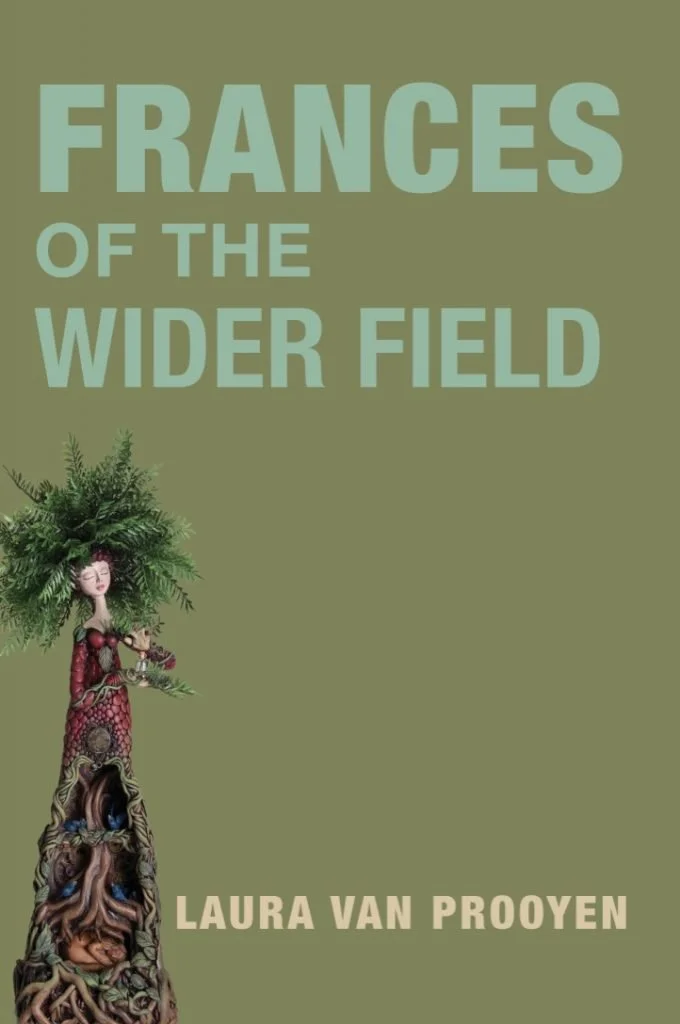 Book cover with moss green background, title of book in emerald green, with lower left figure of woman wearing hat of ferns whose body below the waist is opened tree trunk showing intertwined root structure.