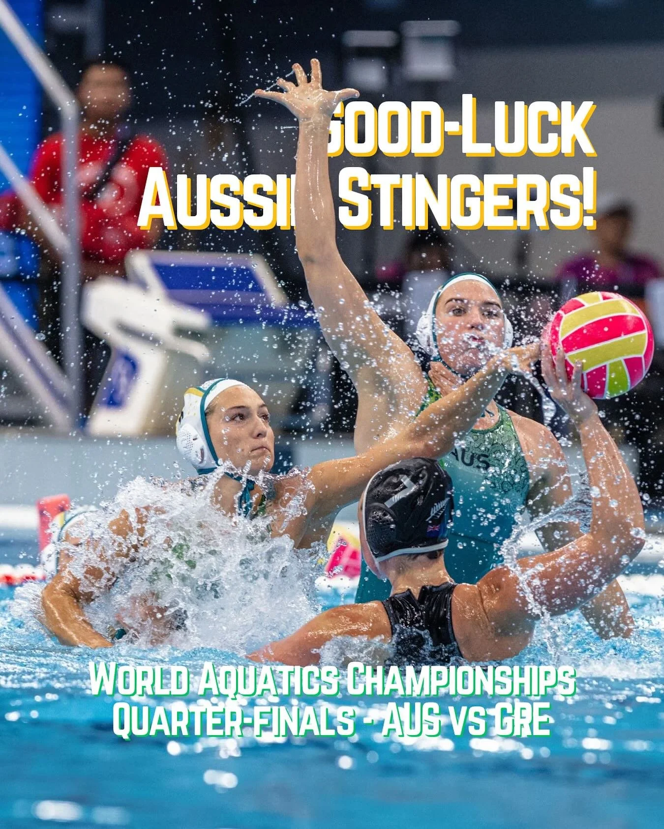 Good luck to the Aussie Stingers in the Quarter-Finals! 💛💚

Our Australian Women&rsquo;s team is through to the Quarter-Finals of the World Aquatics Championships after going undefeated in the group stage! 🙌

They&rsquo;ll take on Greece this Satu