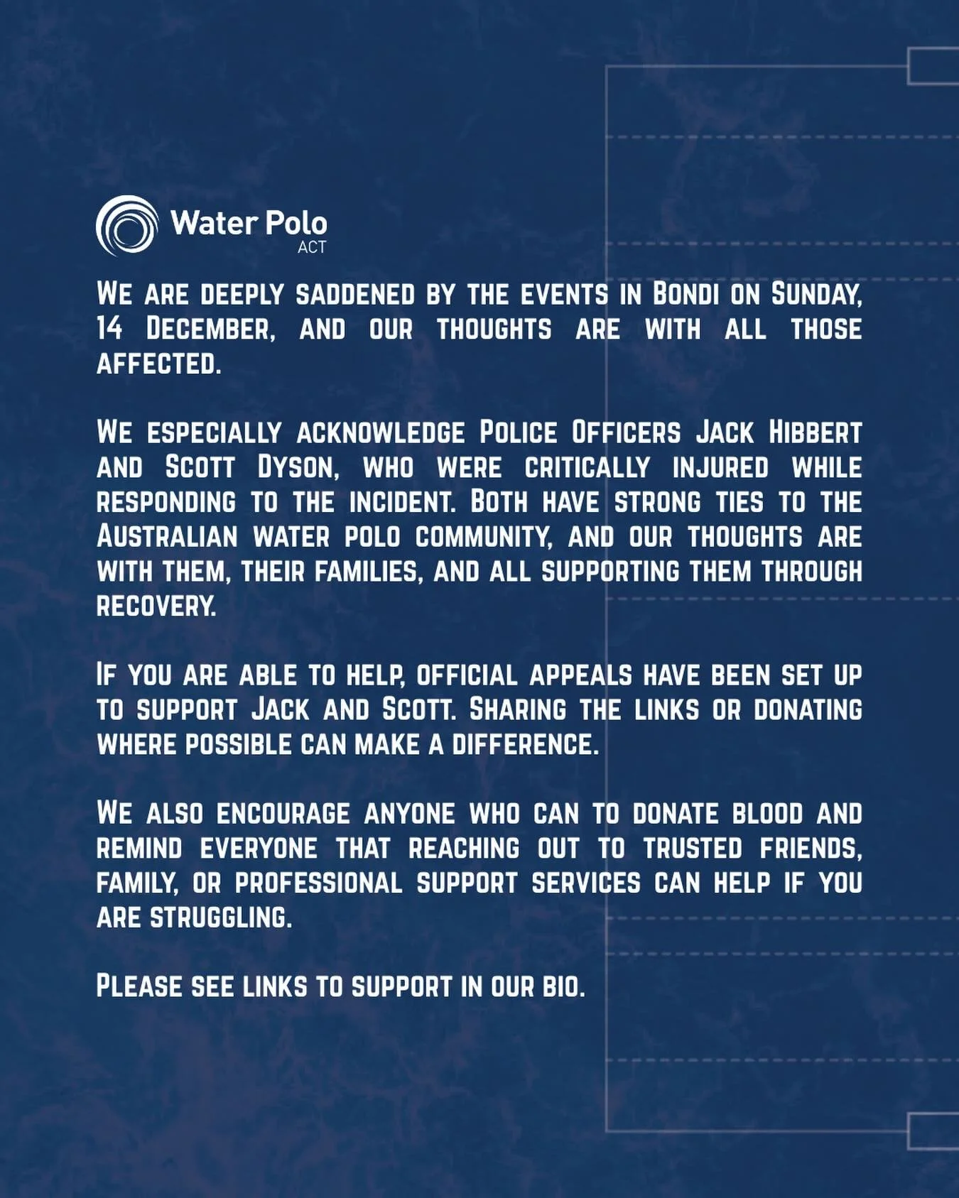 We are deeply saddened by the events in Bondi on Sunday, 14 December, and our thoughts are with all those affected. 🤍

We especially want to acknowledge Police Officers Jack Hibbert and Scott Dyson, who were critically injured while responding to th