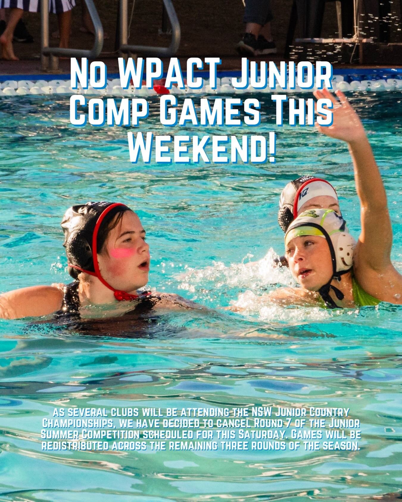 Junior Summer Comp Update 🚨🤽&zwj;♂️🤽&zwj;♀️

Water Polo ACT has made the decision to cancel Round 7 of the Junior Summer Competition scheduled for this Saturday. Games will be redistributed across the remaining three rounds of the season.

This de