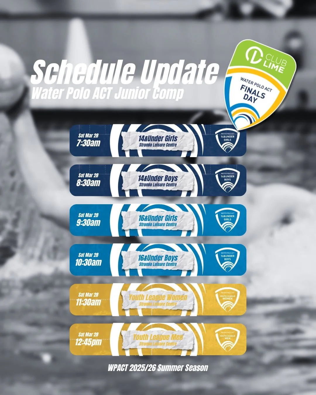 2025/26 Summer Season @clublimegyms Finals Day - Schedule Update 🏆

Grand Final Day is locked in! 🙌

🗓️ Saturday 28 March
📍 @stromlo_leisure_centre 
⏰ Games from 7:30am

We&rsquo;re excited to once again have @clublimegyms as our Finals Day spons