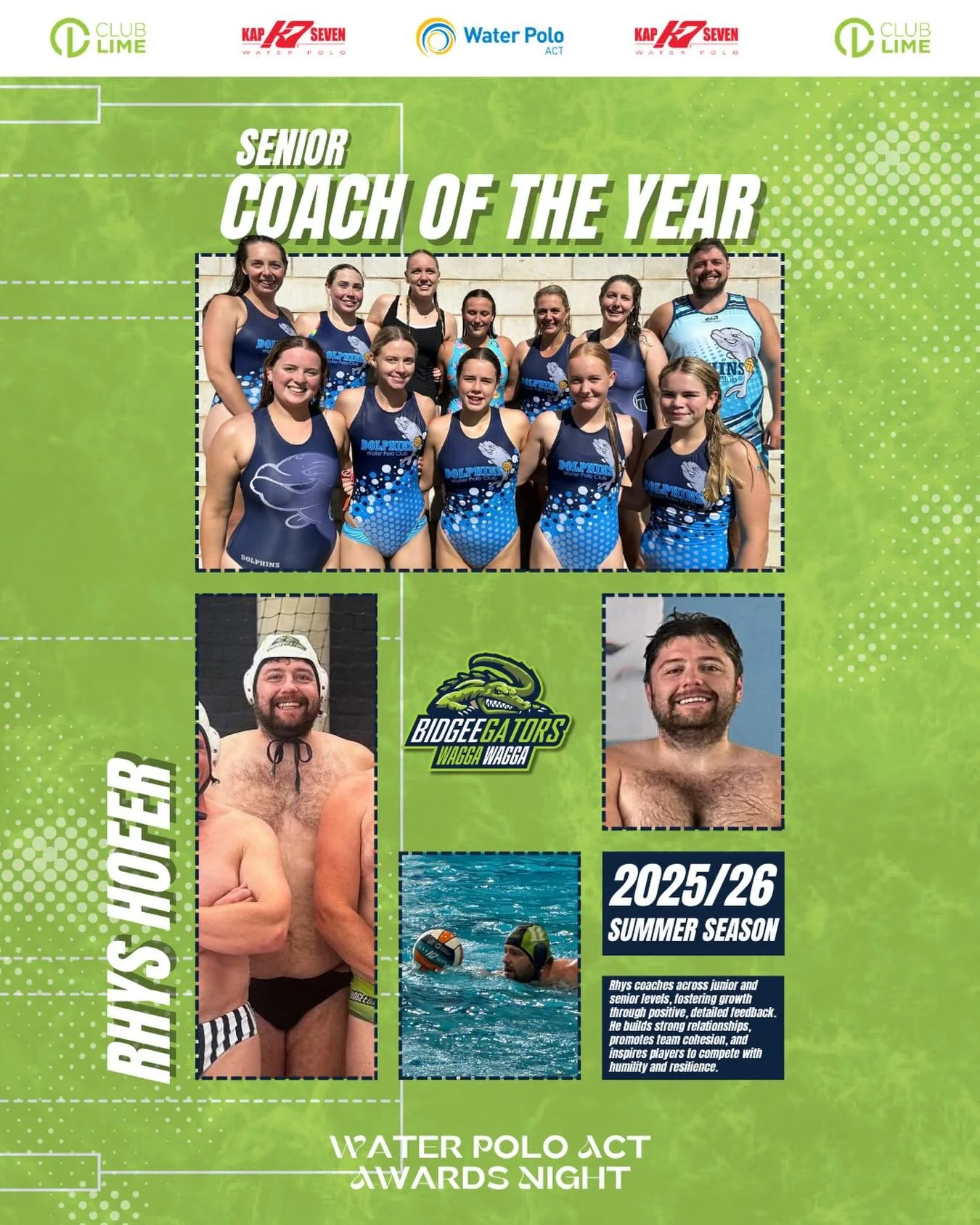 Senior Coach of the Year 🏆

Congratulations to Rhys Hofer on being named the 2026 Senior Coach of the Year! 🤽&zwj;♂️👏

Rhys has made a huge impact at the Wagga Wagga Dolphins, coaching across both men&rsquo;s and women&rsquo;s programs while also 