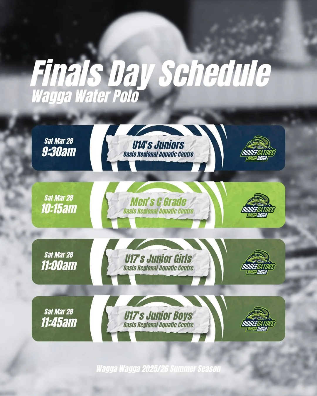 Wagga Wagga Water Polo &ndash; Finals Day Schedule 🏆

Grand Final Day is set for Wagga! 🙌

🗓️ Saturday 28 March 2026
📍 Oasis Regional Aquatic Centre
⏰ Action starts from 9:30am

A full day of finals action across all grades &mdash; from juniors t