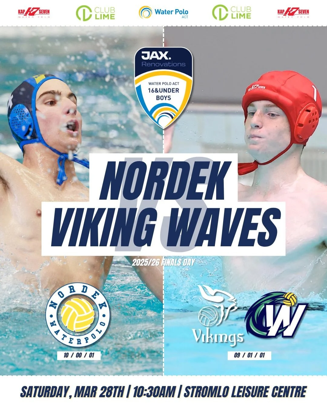 @jax.renovations 16&amp;U Boys Grand Final 🏆 🤽&zwj;♂️

It all comes down to this! 👀🔥

It&rsquo;s been a neck-and-neck season, with Nordek Blue and Vikings Waves setting the pace from start to finish 💥

Now, 1️⃣ Nordek Blue (10-0-1) take on 2️⃣ V