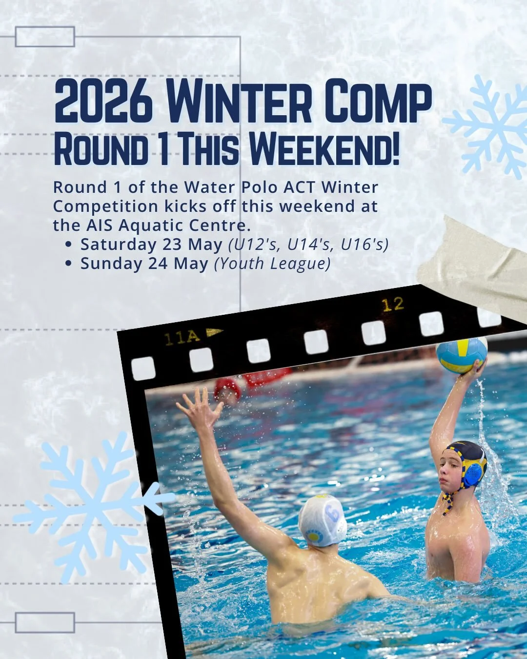 ❄️ WPACT Winter Comp &ndash; Round 1 This Weekend! 🤽&zwj;♂️🤽&zwj;♀️

Round 1 of the Water Polo ACT Winter Competition kicks off this weekend at the AIS Aquatic Centre 🙌

🗓️ Saturday 23 May
&bull; U12&rsquo;s, U14&rsquo;s, U16&rsquo;s

🗓️ Sunday 